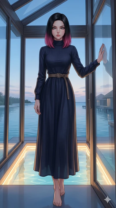 score_9, masterpiece, best quality, ultra-detailed, high-budget anime keyframe, editorial fashion photography, tasteful artistic composition, Korean woman. low angle full-body shot from head to toe showing her feet, filling the entire 9:16 vertical f