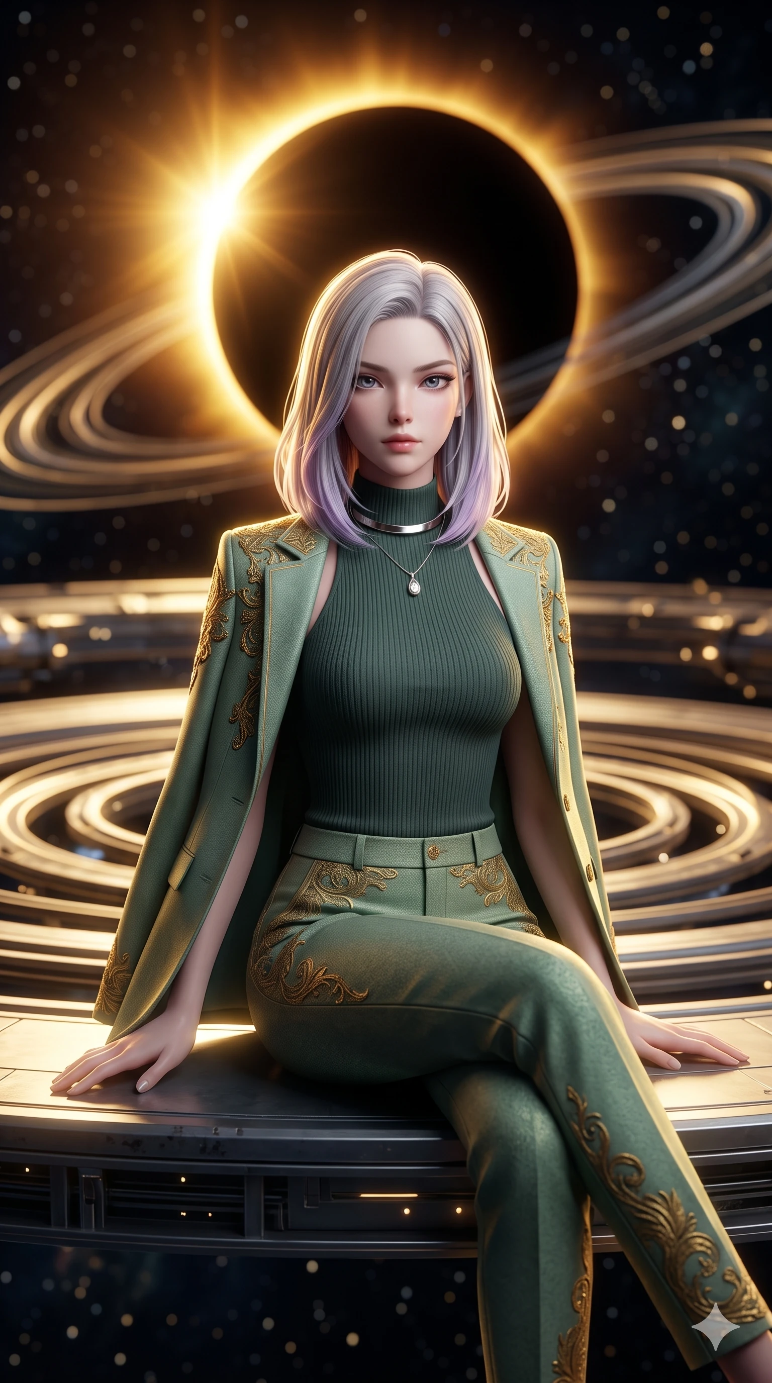 score_9, masterpiece, best quality, ultra-detailed, high-budget anime keyframe, semi-realistic 3D game render, editorial fashion photography, tasteful artistic composition, Caucasian woman. close-up cowboy shot from the waist and thighs up, the character dominates the composition, filling the frame with her large presence. perched sideways on the lounge seat, one knee drawn up to showcase her slender leg line while her arched back accentuates her feminine hip curve while standing poised on the glowing orbital ring platform as a total solar eclipse casts a blinding golden corona flare across deep space, arching her spine with breathtaking anime heroine allure. The background shows a soft-focus blinding golden solar corona flare around the black moon silhouette, concentric glowing orbital rings, and distant starfield blurred into gold, amber, and onyx bokeh. She has an exceptionally elegant, slender, and willowy female figure with an ultra-slim waist, flat toned midriff, narrow ribcage, and sculpted feminine hips creating an alluring, slim hourglass silhouette without bulk. sharp v-shaped jawline, high-bridge nose, intricate jewel-like sparkling eyes with depth, thick eyelashes, glossy parted lips with a natural peach sheen, bright cheerful beaming smile with an enchanting and coquettish sensual glint, exuding both youthful cute charm and seductive allure, flawlessly proportioned anatomical accuracy, strict slender model proportions, natural body alignment, perfectly sculpted long slender limbs, ultra-slim waistline, clean dynamic posture without body distortion. wearing a tailored cyber-haute couture cape blazer layered over a high-neck ribbed knit top and tailored trousers in celadon jade and antique gold-leaf, tailored from high-density tech-wool with subtle metallic thread weave, finished with a minimalist chrome choker and a single teardrop diamond pendant, the impeccably tailored cut draping gracefully along her slender figure with aristocratic poise. illuminated by ring deck reflection bounce and intense corona-gold rim lights defining her jawline, narrow waist, and curvy hips. highly saturated vibrant anime colors, detailed shading with soft gradients, rich glossy textures, high-contrast stereoscopic depth, volumetric dynamic lighting, master piece, 9:16 ratio