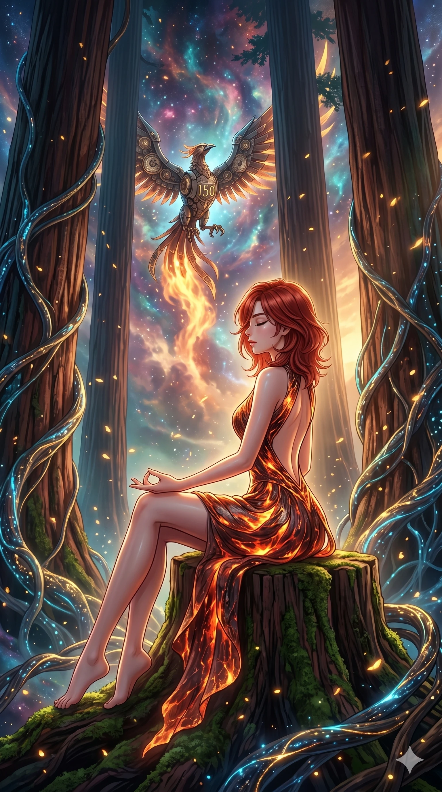 score_9, masterpiece, best quality, ultra-detailed, Set A: High-budget Anime Keyframe, Japanese woman. Low angle cowboy shot filling the entire 9:16 frame with her statuesque presence. Theme: Abstract Cosmic. meditating in a giant redwood forest with glowing vines, while a mechanical phoenix rises in the background marked 150. The atmosphere is filled with golden hour with floating embers. She has an absolutely perfect 8-heads proportion, an exceptionally tall and slender female figure with impossibly long slender legs and an ultra-slim waist. Sharp v-shaped jawline, high-bridge nose, intricate jewel-like eyes with depth, glossy lips. Wearing Lava-textured metallic dress that glows with an internal fire, featuring an open back. Cinematic lighting, vivid colors, dramatic shadows, 2k, ultra detail, master piece, 9:16 ratio