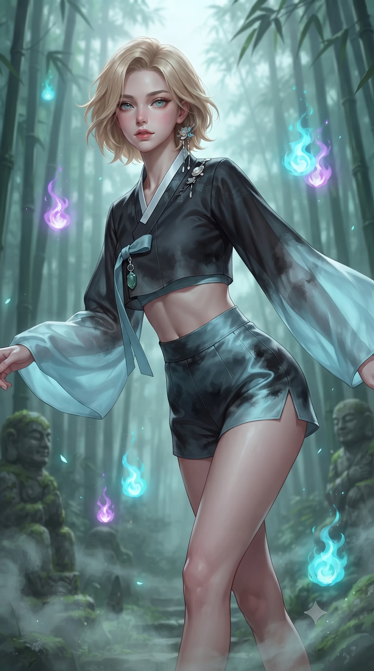 score_9, masterpiece, best quality, ultra-detailed, high-budget anime keyframe, editorial fashion photography, tasteful artistic composition, Caucasian woman. close-up cowboy shot from the waist and thighs up, the character dominates the composition, filling the frame with her large presence. leaning forward with playful, captivating grace, her sculpted collarbones and slender neckline highlighted by directional light while gliding silently through a dense, mist-veiled bamboo forest illuminated by floating cyan and amethyst will-o'-the-wisp spirit flames. The composition keeps background elements in soft focus with creamy bokeh. drifting forest ground mist and ancient stone statues softened in dreamy shallow depth of field. She has an exceptionally elegant, slender, and willowy female figure with an ultra-slim waist, a gracefully sculpted slender torso, toned flat midriff, and a refined slim silhouette. sharp v-shaped jawline, high-bridge nose, intricate jewel-like eyes with depth, thick eyelashes, glossy lips with a natural sheen, captivating and magnetic expression, flawlessly proportioned anatomical accuracy, strict slender model proportions, natural body alignment, perfectly sculpted long slender limbs, ultra-slim waistline, clean dynamic posture without body distortion. wearing a modern shortened cyber-hanbok crop top with wide billowing sleeves and high-waist silk shorts in dark ink-wash black and radiant moonlight cyan, tailored from traditional lustrous satin with delicate hand-stitched borders, accented with mother-of-pearl hair ornaments and a carved jade pendant, the form-contouring material adhering flawlessly to her sculpted flat midriff and slender torso, emphasizing her long leg lines and perfectly proportioned willowy build. illuminated by ethereal glow highlighting her sculpted collarbones, waistline, and slender silhouette. ultra-reflective glossy finish, specular highlights, rich textural contrasts, high-contrast stereoscopic depth, volumetric dynamic lighting, 2k, ultra detail, master piece, 9:16 ratio