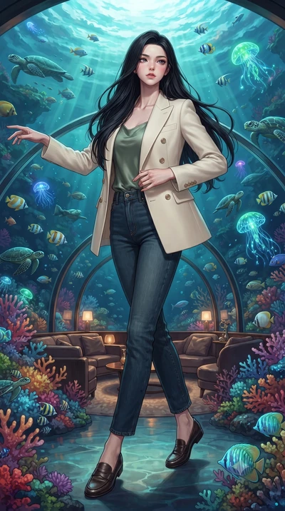 score_9, masterpiece, best quality, ultra-detailed, high-budget anime keyframe, editorial fashion photography, tasteful artistic composition, Korean woman. low angle full-body shot from head to toe showing her feet, filling the entire 9:16 vertical f