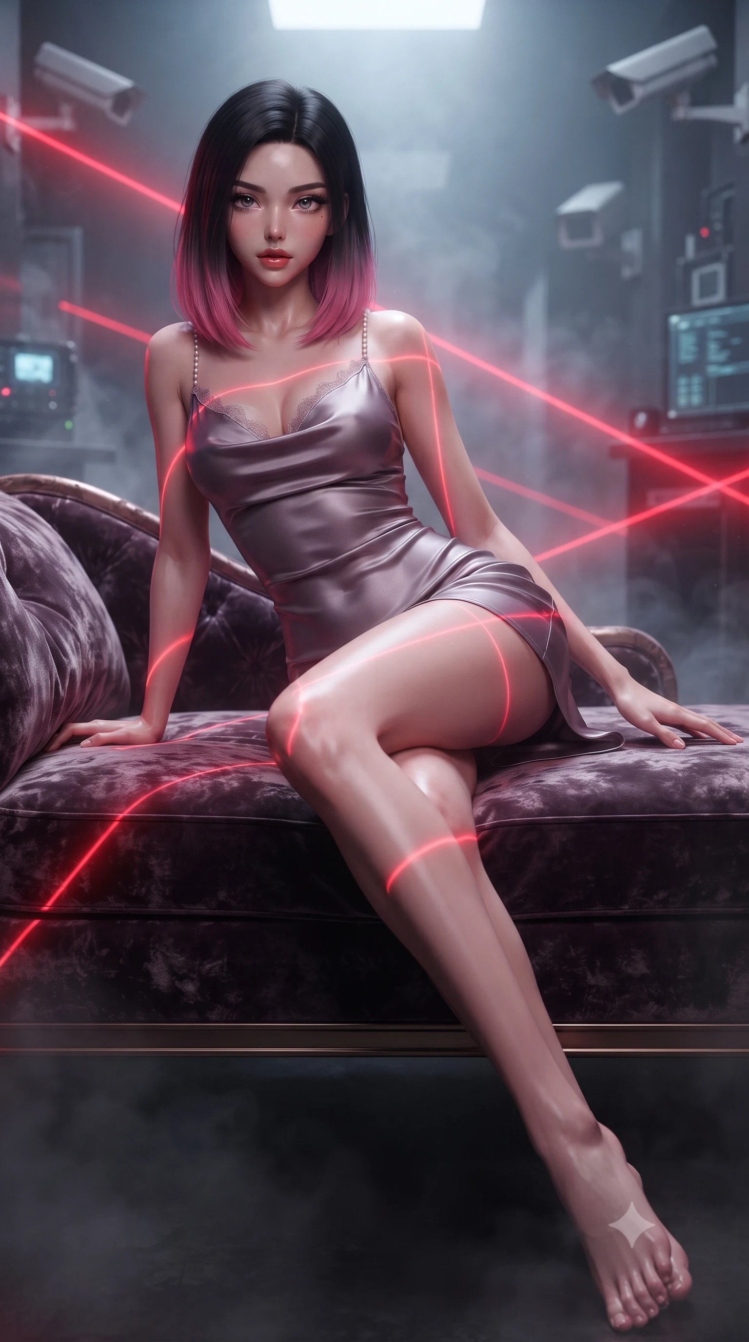 score_9, masterpiece, best quality, ultra-detailed, high-budget anime keyframe, editorial fashion photography, tasteful artistic composition, Korean woman. low angle full-body shot from head to toe showing her feet, filling the entire 9:16 vertical frame with her statuesque presence, stretching her vertical silhouette. lounging on the lavish daybed with legs crossed and hips angled toward the camera, displaying her toned midriff and long slender limbs with effortless siren poise while twisting her slender torso in an alluring contrapposto stance, crimson security lasers painting glowing geometric lines across her curves. The background shows a soft-focus security surveillance cameras softened in high-stakes infiltration shallow focus. She has an absolutely perfect, statuesque 8.5-heads proportion, an exceptionally tall and slender model-like female figure with impossibly long slender legs, an ultra-slim waist, a flat toned midriff, narrow delicate ribcage, and beautifully sculpted feminine hips creating a graceful, slim hourglass silhouette without any bulky heaviness. sharp v-shaped jawline, high-bridge nose, sparkling eyes with hypnotic seductive depth, thick curled eyelashes, glossy parted lips with a natural dewy peach sheen, alluring bedroom-eyes with an enchanting coquettish smile, exuding magnetic siren charisma and sophisticated glamour, flawlessly proportioned anatomical accuracy, strict slender model proportions, natural body alignment, perfectly sculpted long slender limbs, ultra-slim waistline, clean dynamic posture without body distortion. wearing a low-cut draped cowl-back satin ballet slip mini dress with dainty pearl spaghetti straps in dusky lavender mist and dark charcoal velvet, tailored from fine ribbed modal knit with gentle elastic contouring and soft hand-feel, finished with scalloped eyelash lace trim framing her sweetheart neckline with intimate elegance, the second-skin tailored fabric adhering flawlessly to her sculpted flat midriff and slender torso, emphasizing her long leg lines and perfectly proportioned willowy build. bathed in intense crimson laser beam illumination cutting through misty dark corridor shadows. ultra-reflective glossy finish, specular highlights, rich textural contrasts, high-contrast stereoscopic depth, volumetric dynamic lighting, 2k, ultra detail, master piece, 9:16 ratio