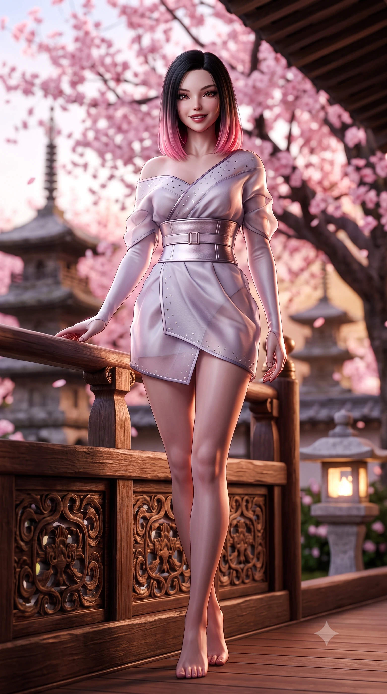score_9, masterpiece, best quality, ultra-detailed, high-budget anime keyframe, semi-realistic 3D game render, editorial fashion photography, tasteful artistic composition, Korean woman. low angle full-body shot from head to toe showing her feet, filling the entire 9:16 vertical frame with her statuesque presence, stretching her vertical silhouette. standing in a tall, confident posture with one hand on the carved palace railing, stretching her statuesque body as she arches her lower back to emphasize her sculpted feminine hips and slender waist while sitting perched on the wooden veranda of a historic Yanaka machiya house, arching her lower back with a radiant, teasing smile as sakura petals flutter. The background shows a soft-focus drifting pink cherry blossoms from a massive blooming tree and historic temple stone pagodas blurred into sakura pink, honey, and charcoal bokeh. She has an absolutely perfect, statuesque 8.5-heads proportion, an exceptionally tall and slender model-like female figure with impossibly long slender legs, an ultra-slim waist, a flat toned midriff, narrow delicate ribcage, and beautifully sculpted feminine hips creating a graceful, slim hourglass silhouette without any bulky heaviness. sharp v-shaped jawline, high-bridge nose, intricate jewel-like dark sparkling almond eyes with depth, thick lashes, glossy parted lips with a natural rose-plum sheen, bright alluring and coquettish smile with bedroom-eyes, exuding both timeless oriental elegance and sovereign high-fashion allure, flawlessly proportioned anatomical accuracy, strict slender model proportions, natural body alignment, perfectly sculpted long slender limbs, ultra-slim waistline, clean dynamic posture without body distortion. wearing an asymmetric off-shoulder cyber-kimono mini dress with a wide metallic obi corset belt accentuating her narrow waist in frosted lilac mist and pearlescent alabaster, tailored from sheer gossamer silk organza with an airy weightless flutter, finished with subtle crystal rhinestones tracing the elegant neckline, the glove-like silhouette tightly following the natural contour of her hips and long slender legs with youthful 8.5-heads elegance. illuminated by garden stone lantern fills and sharp rose-gold rim lights sculpting her razor-sharp jawline, narrow waist, and curvy hips. highly saturated vibrant anime colors, detailed shading with soft gradients, rich glossy textures, high-contrast stereoscopic depth, volumetric dynamic lighting, master piece, 9:16 ratio