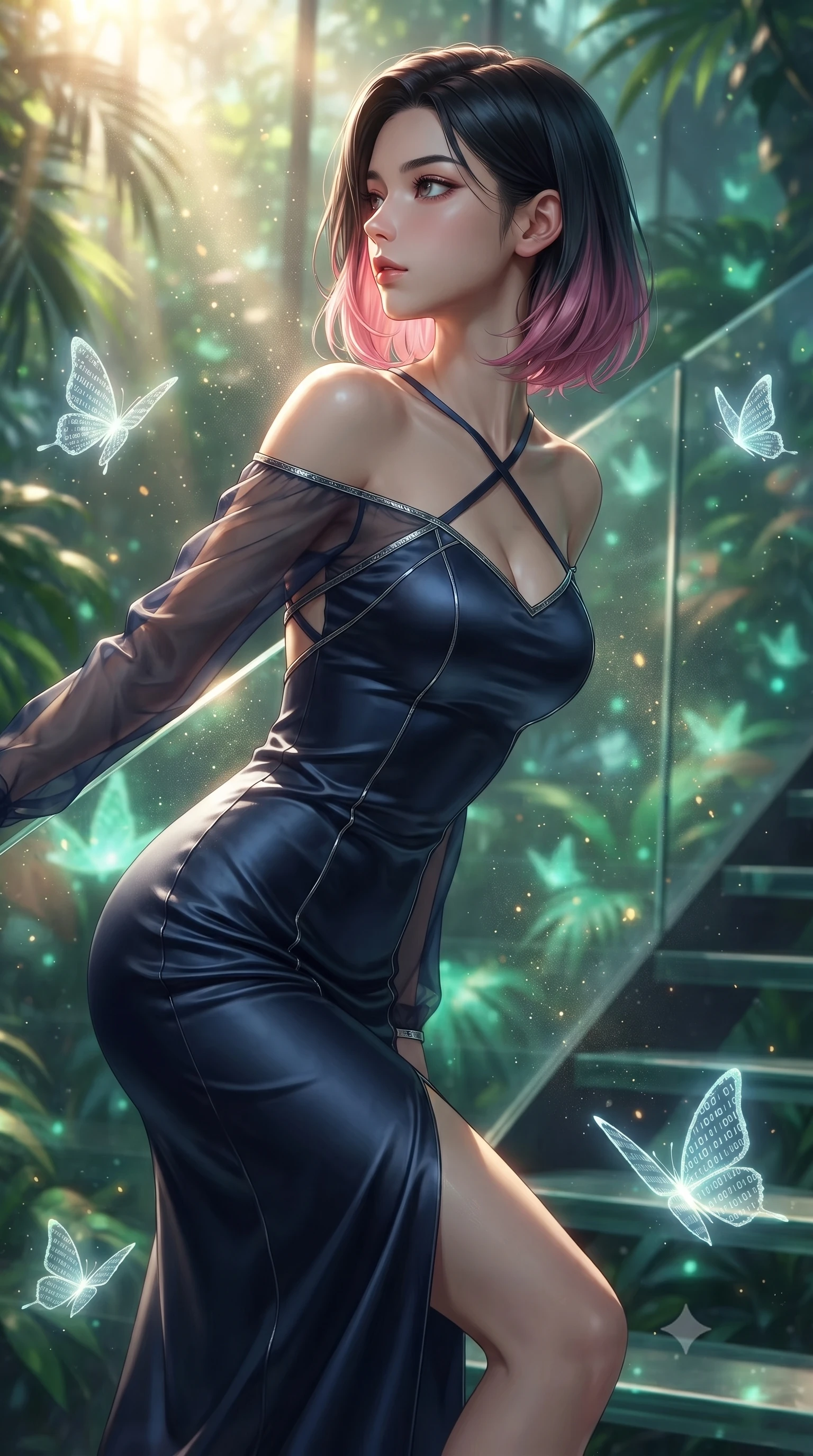score_9, masterpiece, best quality, ultra-detailed, high-budget anime keyframe, editorial fashion photography, tasteful artistic composition, Korean woman. close-up cowboy shot from the waist and thighs up, the character dominates the composition, filling the frame with her large presence, background elements kept in soft focus. Turning her face in sharp profile while her upper body leans forward with poised athletic grace while stepping along a vertical glass staircase enveloped by tropical volumetric sunbeams, glowing pollen particles and binary code butterflies drifting around her form. She has an exceptionally elegant, slender, and willowy female figure with an ultra-slim waist, a gracefully sculpted slender torso, and a refined silhouette. sharp v-shaped jawline, high-bridge nose, intricate jewel-like eyes with depth, thick eyelashes, glossy lips with a natural sheen, flawlessly proportioned anatomical accuracy, natural body alignment, perfectly sculpted elegant limbs, clean dynamic posture without body distortion. wearing a sleek bodycon knit dress with strategic sheer organza sleeve panels in midnight navy blue and chrome trim, crafted from lustrous satin jersey with fluid draping, complemented by criss-cross back straps highlighting her bare shoulders, the elegant draped fit framing her graceful clavicle and slender torso. bathed in warm golden sunlight and soft emerald bioluminescent glow. ultra-reflective glossy finish, specular highlights, metallic sheen, high-contrast stereoscopic depth, volumetric dynamic lighting, 2k, ultra detail, master piece, 9:16 ratio