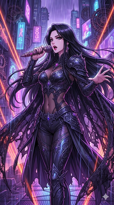 score_9, masterpiece, best quality, ultra-detailed, high-budget anime movie keyframe, cinematic anime lighting, intricate line art, Korean woman. Medium shot of upper body capturing the intricate details of her high-fashion attire. singing on a laser