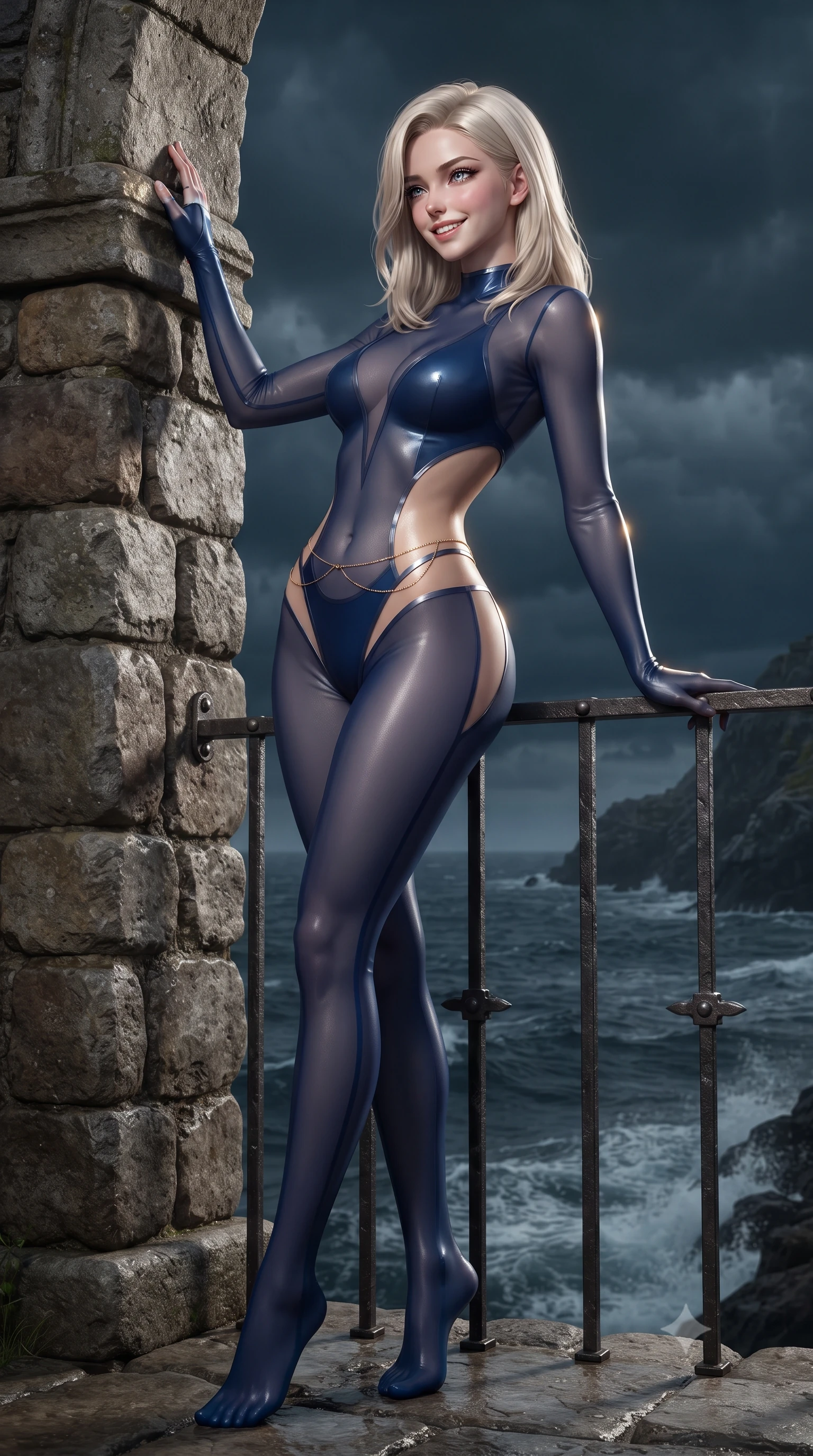 score_9, masterpiece, best quality, ultra-detailed, high-budget anime keyframe, editorial fashion photography, tasteful artistic composition, Caucasian woman. low angle full-body shot from head to toe showing her feet, filling the entire 9:16 vertical frame with her statuesque presence, stretching her vertical silhouette. standing tall beside the architectural column, one hand resting high while arching her lower back to emphasize her sculpted feminine hips and slender waist while leaning against the hand-forged iron railing with hips cocked back, casting an intoxicating smoldering bedroom-gaze over the stormy dark sea. The surrounding environment is rendered in vivid detail and crisp panoramic clarity: sharp weathered fieldstone masonry mortar joints, hand-forged rivet heads on iron railings, and sea spray droplets in deep focus. She has an exceptionally tall and slender model-like 8.5-heads proportion, an ultra-slim waist, a flat toned midriff, narrow delicate ribcage, and beautifully sculpted feminine hips creating a graceful, slim hourglass silhouette without any bulky heaviness, with impossibly long slender legs. sharp v-shaped jawline, high-bridge nose, intricate jewel-like sparkling eyes with depth, thick eyelashes, glossy parted lips with a natural peach sheen, bright cheerful beaming smile with an enchanting and coquettish sensual glint, exuding both youthful cute charm and seductive allure, flawlessly proportioned anatomical accuracy, strict slender model proportions, natural body alignment, perfectly sculpted long slender limbs, ultra-slim waistline, clean dynamic posture without body distortion. wearing an ultra-daring sheer vinyl-trimmed illusion mesh catsuit with strategic translucent cutouts along her hips and torso in Thames nocturnal sapphire and liquid platinum, crafted from fluid liquid silk satin that clings smoothly to her narrow waist and rounded hips with a dewy sheen, accented with a dainty gold belly chain resting across her flat midriff and curving hips, the glove-like clinging cut tightly following the natural contour of her hips and long slender legs with youthful 8.5-heads elegance. illuminated by sea foam specular reflections and sharp flame-gold rim lights defining her razor-sharp jawline, narrow waist, and curvy hips. ultra-reflective glossy finish, specular highlights, rich textural contrasts, high-contrast stereoscopic depth, volumetric dynamic lighting, 2k, ultra detail, master piece, 9:16 ratio
