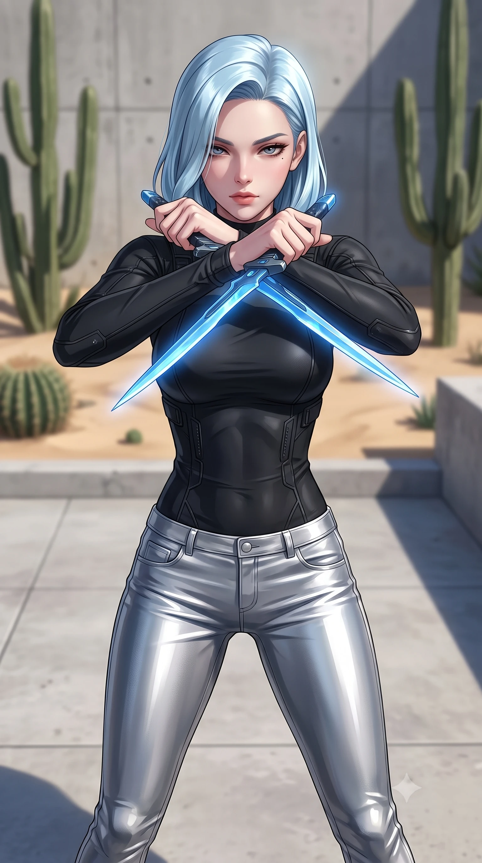 score_9, masterpiece, best quality, ultra-detailed, high-budget anime keyframe, editorial fashion photography, tasteful artistic composition, Korean woman. close-up cowboy shot from the waist and thighs up, the character dominates the composition, filling the frame with her large presence, background elements kept in soft focus. holding two energy daggers crossed in front of her elegant collarbone, casting a heavy-lidded, sultry look, the background shows a soft-focus a concrete desert patio with minimalist cacti and sand landscaping. She has an exceptionally elegant, slender, and willowy female figure with an ultra-slim waist, a gracefully sculpted slender torso, and a refined silhouette. sharp v-shaped jawline, high-bridge nose, intricate jewel-like eyes with depth, thick eyelashes, glossy lips with a natural sheen. wearing a tailored body-hugging long-sleeve combat top in carbon-black, tucked into tight-fitting metallic silver skinny pants. bright midday sun rays creating clean, sharp shadows and reflections. highly saturated vibrant anime colors, detailed shading with soft gradients, rich glossy textures, high-contrast stereoscopic depth, volumetric dynamic lighting, master piece, 9:16 ratio