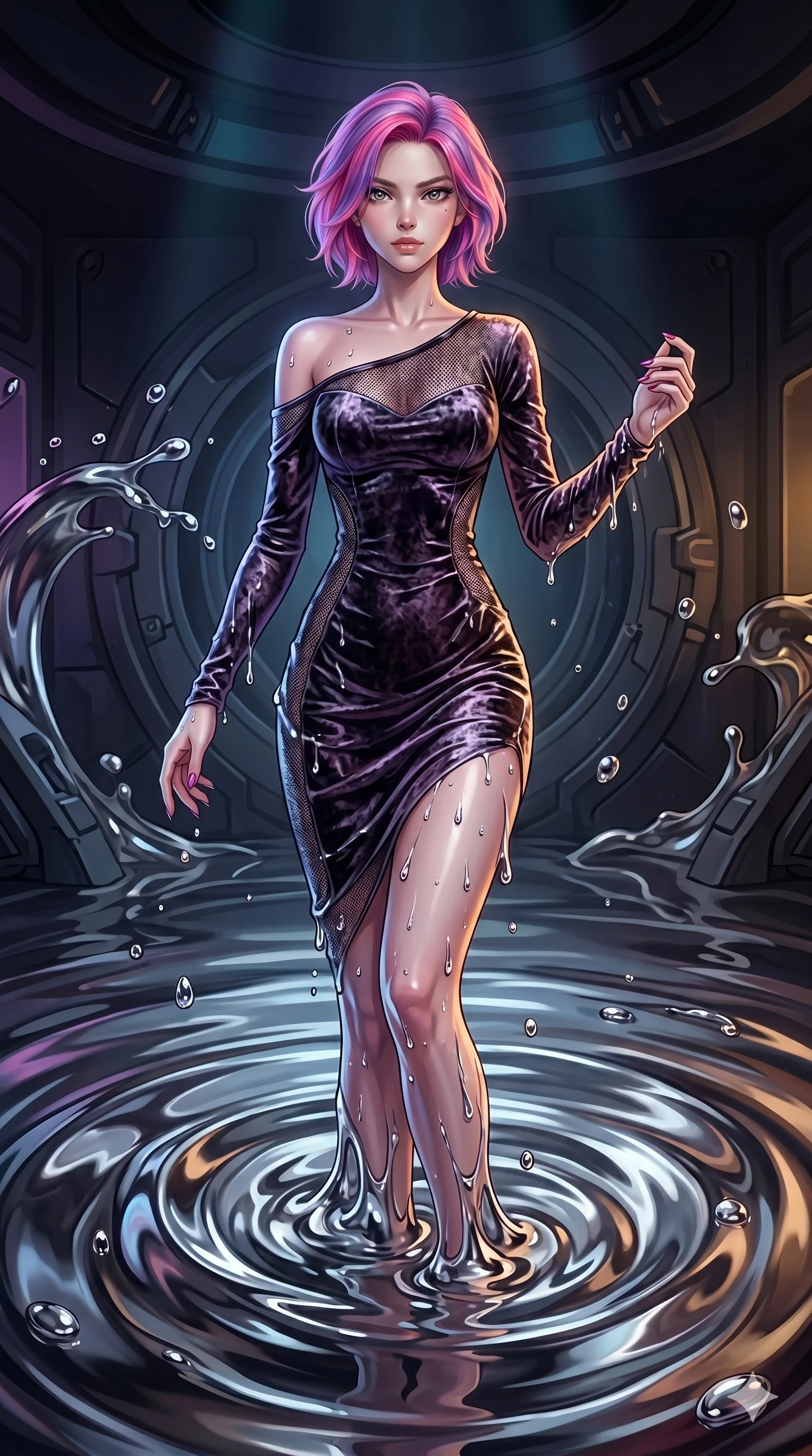 score_9, masterpiece, best quality, ultra-detailed, High-budget Anime Keyframe, East Asian woman. Dynamic full-body shot stretching the vertical silhouette to the limit. Scenario 284: Rising from a pool of mercury-like liquid, droplets rolling off her skin. Her presence is magnetic and overpowering in this high-budget anime scene. Outfit 284: A crushed dark velvet micro-mesh with a low-cut shoulder and wet-look texture. The clothing is designed to emphasize her exceptionally tall and slender 8-heads proportion. 8-heads proportion, towering silhouette, ultra-slim waist. sharp v-shaped jawline, intricate jewel-like eyes with depth, thick eyelashes, glossy lips. 2k, ultra detail, master piece, 9:16 ratio