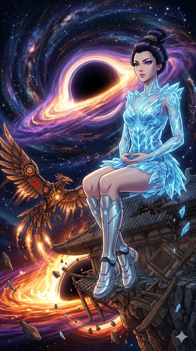 score_9, masterpiece, best quality, ultra-detailed, Set A: High-budget Anime Keyframe, Japanese woman. Low angle cowboy shot filling the entire 9:16 frame with her statuesque presence. Theme: Historical Remix. meditating in the edge of a black hole, 