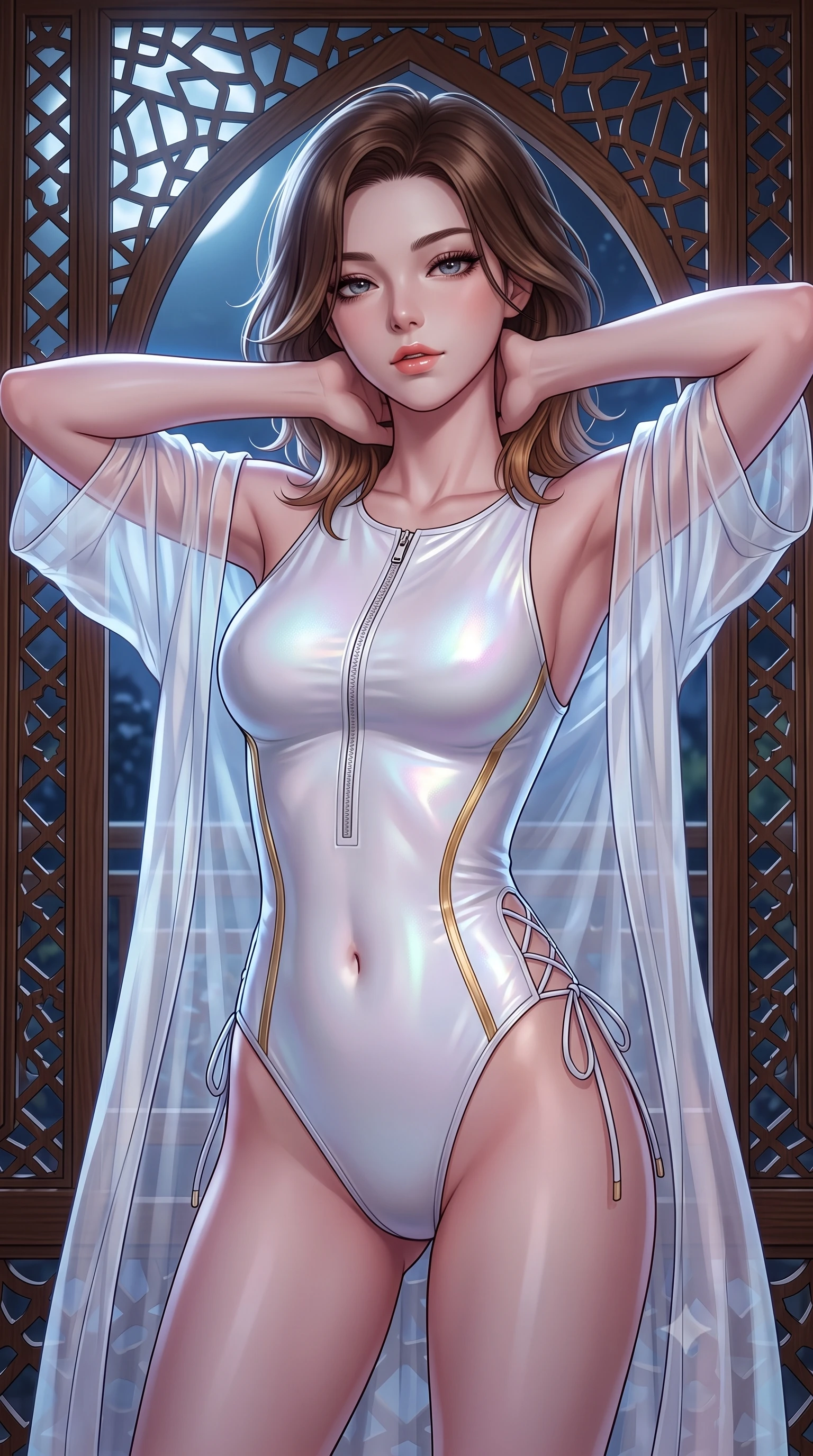 score_9, masterpiece, best quality, ultra-detailed, high-budget anime keyframe, semi-realistic 3D game render, editorial fashion photography, tasteful artistic composition, Korean woman. close-up cowboy shot from the waist and thighs up, the character dominates the composition, filling the frame with her large presence. resting both hands lightly behind her neck with elbows raised, arching her spine to highlight her narrow waist, flat midriff, and breathtaking collarbones while standing framed behind the delicate carved cedar wood mashrabiya privacy screen, arching her spine with seductive siren mystery as moonlight filters through geometric fretwork. The surrounding environment is rendered in vivid detail and crisp panoramic clarity: detailed sheer silk organza modern robe slipping off shoulders, red satin bralette cling, and master woodcraft in high resolution. She has an exceptionally elegant, slender, and willowy female figure with an ultra-slim waist, flat toned midriff, narrow ribcage, and sculpted feminine hips creating an alluring, slim hourglass silhouette without bulk. sharp v-shaped jawline, high-bridge nose, sparkling eyes with hypnotic seductive depth, thick curled eyelashes, glossy parted lips with a natural dewy peach sheen, alluring bedroom-eyes with an enchanting coquettish smile, exuding magnetic siren charisma and sophisticated glamour, flawlessly proportioned anatomical accuracy, strict slender model proportions, natural body alignment, perfectly sculpted long slender limbs, ultra-slim waistline, clean dynamic posture without body distortion. wearing a form-contouring wet-look neoprene zip-front maillot with high-cut leg openings and gold racing side trims in pure alabaster with iridescent mother-of-pearl sheen, tailored from fine structural neoprene with crisp architectural edges and smooth contouring, featuring fine criss-cross lace-up side ties revealing tantalizing glimpses of her hip curve, the second-skin tailored fabric adhering flawlessly to her sculpted flat midriff and slender torso, emphasizing her long leg lines and perfectly proportioned willowy build. bathed in sharp geometric patterned light and shadow projected by moonlight streaming through the mashrabiya lattice. highly saturated vibrant anime colors, detailed shading with soft gradients, rich glossy textures, high-contrast stereoscopic depth, volumetric dynamic lighting, master piece, 9:16 ratio