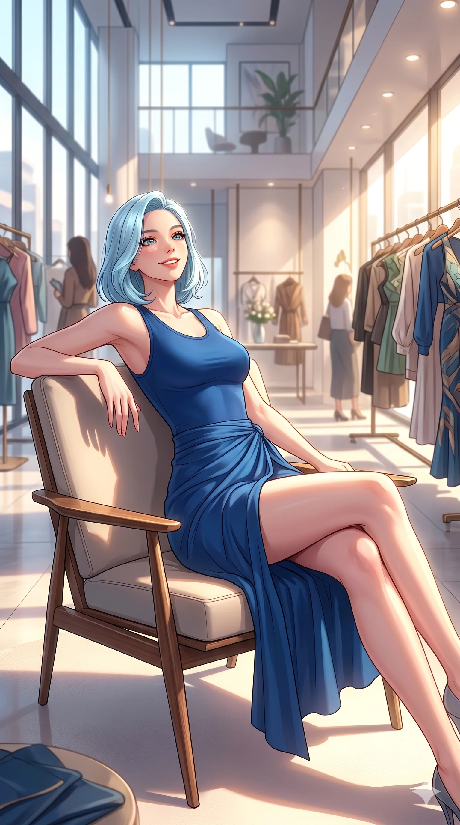 score_9, masterpiece, best quality, ultra-detailed, high-budget anime keyframe, vibrant anime aesthetic, Korean woman. cowboy shot from the thighs up, character and outfit filling the frame for maximum presence. She is leaning back on a lounge chair with a delightful smile, looking up happily standing in a modern high-fashion boutique in the sun (Code-P20-083). She has an absolutely perfect 8-heads proportion, an exceptionally tall and slender female figure with impossibly long slender legs and an ultra-slim waist. V-shaped jawline, high-bridge nose, intricate jewel-like eyes with depth, thick eyelashes, glossy lips with a natural sheen. wearing a bodycon leotard with a high-slit wrap skirt in active-knit. She is bathed in soft, radiant golden hour sun casting long, elegant shadows around her. 2k, ultra detail, master piece, 9:16 ratio