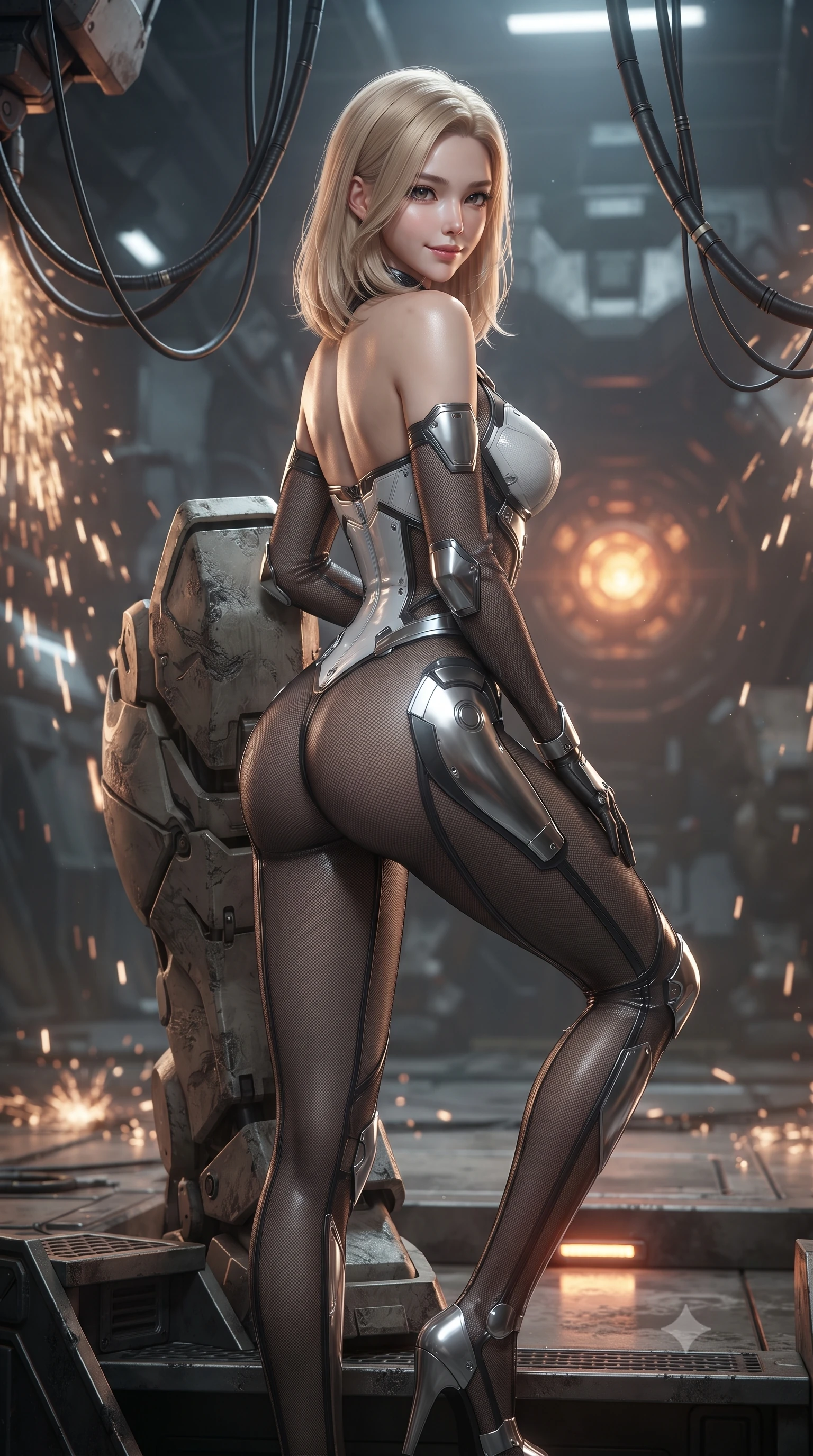 score_9, masterpiece, best quality, ultra-detailed, high-budget anime keyframe, editorial fashion photography, tasteful artistic composition, Korean woman. close-up cowboy shot from the waist and thighs up, the character dominates the composition, filling the frame with her large presence. posing in an alluring rear three-quarter angle, turning over a bare shoulder with an intoxicating gaze, her hips cocked back to highlight her slim hourglass curve against the glowing reactor while leaning against the heavy armored mech shin plate with one leg bent, displaying her long slender limbs and toned midriff with majestic grace. The background shows a soft-focus cascading welding sparks and suspended hydraulic umbilical cables softened in gritty mecha-hangar shallow focus. She has an exceptionally elegant, slender, and willowy female figure with an ultra-slim waist, flat toned midriff, narrow ribcage, and sculpted feminine hips creating an alluring, slim hourglass silhouette without bulk. sharp v-shaped jawline, high-bridge nose, intricate jewel-like sparkling eyes with depth, thick eyelashes, glossy parted lips with a natural sheen, bright confident smile with an enchanting and coquettish sensual glint, exuding both youthful magnetic charm and sovereign high-tech allure, flawlessly proportioned anatomical accuracy, strict slender model proportions, natural body alignment, perfectly sculpted long slender limbs, ultra-slim waistline, clean dynamic posture without body distortion. wearing a semi-translucent smoke-black mesh tactical catsuit with reinforced carbon-fiber bustier plating in pure alabaster white and brushed silver accents, crafted from lightweight aerodynamic matte carbon-fiber weave with structural stiffness, accented with strategically placed chrome armor plate guards covering key curves, the high-waisted tailoring accentuating her ultra-slim waistline and the enchanting curve of her feminine hips with alluring dark charm. illuminated by floor warning lights and sharp platinum rim lights carving her razor-sharp jawline, narrow waist, and curvy hips. ultra-reflective glossy finish, specular highlights, rich textural contrasts, high-contrast stereoscopic depth, volumetric dynamic lighting, 2k, ultra detail, master piece, 9:16 ratio