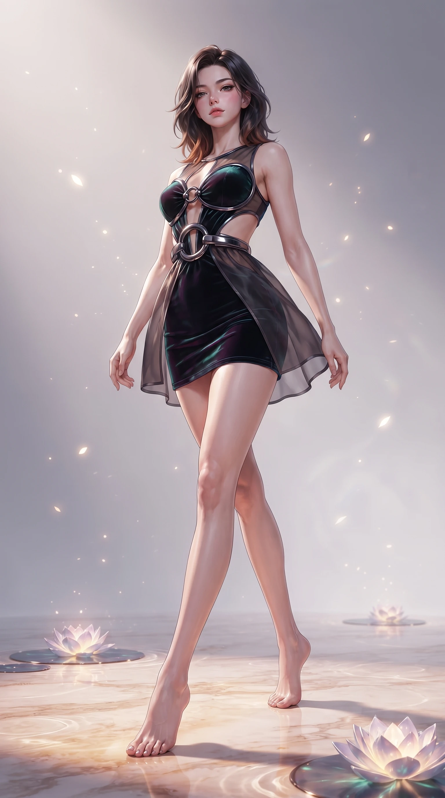 score_9, masterpiece, best quality, ultra-detailed, high-budget anime keyframe, editorial fashion photography, tasteful artistic composition, Korean woman. low angle full-body shot from head to toe showing her feet, filling the entire 9:16 vertical frame with her statuesque presence, stretching her vertical silhouette. interacting with glowing light particles, her long slender legs poised in motion, stepping gracefully onto a warm marble floor glinting with moonlit ripples, divine celestial beauty with intense sensual presence. She has an absolutely perfect, statuesque 8.5-heads proportion, an exceptionally tall and slender model-like female figure with impossibly long slender legs and an ultra-slim waist. sharp v-shaped jawline, high-bridge nose, intricate jewel-like eyes with depth, thick eyelashes, glossy lips with a natural sheen. wearing dramatic architectural open-waist cutout mini dress in dark velvet framed by chrome hardware in metallic dark silver, made of sheer dark organza overlay, accented with sculpted obsidian chrome rings at the waist, sculpting her athletic slender build with refined precision. bathed in subtle lotus bioluminescence and bright marble highlights. highly saturated vibrant anime colors, detailed shading with soft gradients, rich glossy textures, high-contrast stereoscopic depth, volumetric dynamic lighting, master piece, 9:16 ratio