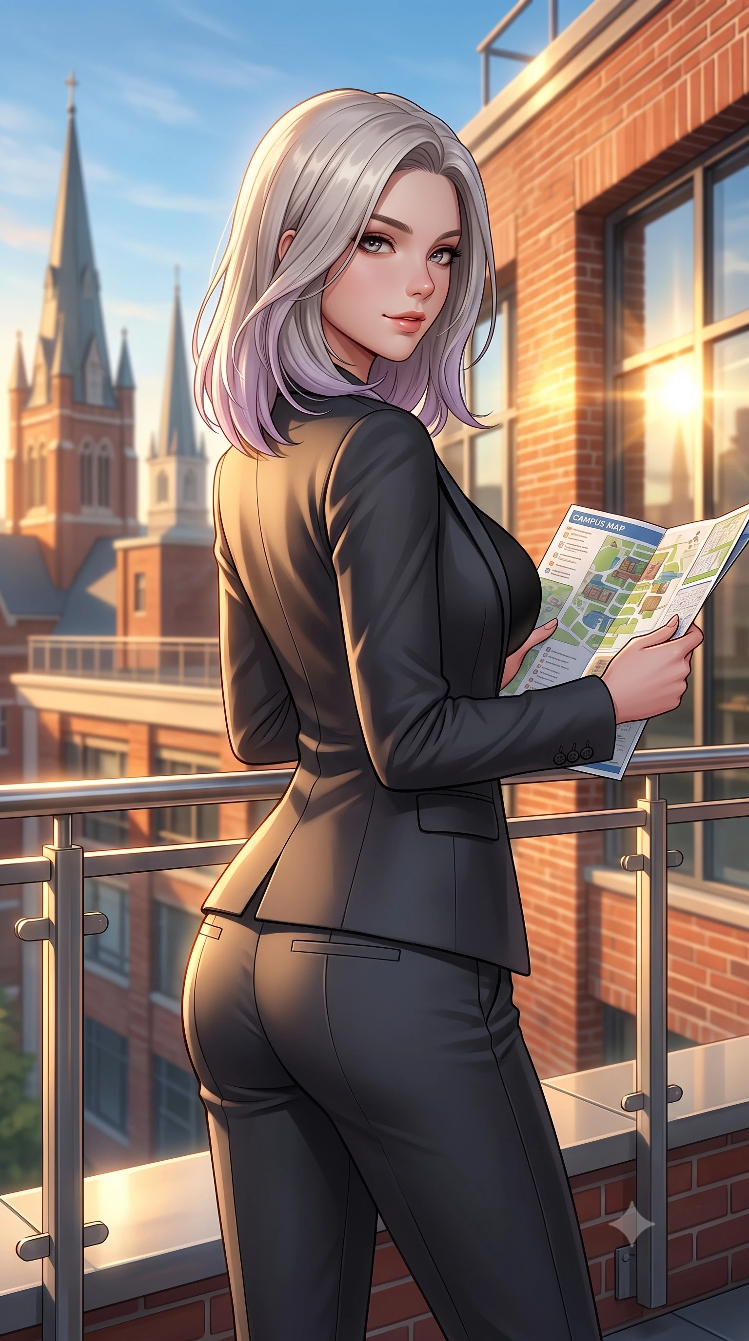 score_9, masterpiece, best quality, ultra-detailed, high-budget anime keyframe, editorial fashion photography, tasteful artistic composition, Caucasian woman. close-up cowboy shot from the waist and thighs up, the character dominates the composition, filling the frame with her large presence, background elements kept in soft focus. glancing sidelong over her shoulder with an alluring, lingering gaze and a subtle grin set against a soft-focus background of on a scenic campus rooftop terrace overlooking the university spires and a blue sky looking at a campus map brochure with a cheerful, curious look. She has an exceptionally elegant, slender, and willowy female figure with an ultra-slim waist, a gracefully sculpted slender torso, and a refined silhouette. sharp v-shaped jawline, high-bridge nose, intricate jewel-like eyes with depth, thick eyelashes, glossy lips with a natural sheen. wearing body-hugging tight-fitting tailored blazer in charcoal, closed over a body-hugging black top and slim trousers. warm golden sunbeams reflecting off the red-brick walls and glass windows. ultra-reflective glossy finish, specular highlights, metallic sheen, high-contrast stereoscopic depth, volumetric dynamic lighting, 2k, ultra detail, master piece, 9:16 ratio