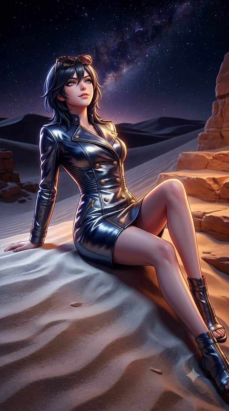 score_9, masterpiece, best quality, ultra-detailed, high-budget anime keyframe, semi-realistic 3D game render, editorial fashion photography, tasteful artistic composition, Caucasian woman. low angle full-body shot from head to toe showing her feet, filling the entire 9:16 vertical frame with her statuesque presence, stretching her vertical silhouette. sitting poised on the warm sandstone steps with one knee bent, arching her spine with supermodel elegance as she glances upward through thick eyelashes while reclining on her side in an elegant Cleopatra pose on the soft sand dune, the dramatic contour of her rounded hips and long slender legs commanding the vertical frame under starlight. The surrounding environment is rendered in vivid detail and crisp panoramic clarity: detailed wet-look vinyl crop top tailoring, specular surface reflections, and desert nightscape in razor-sharp clarity. She has an absolutely perfect, statuesque 8.5-heads proportion, an exceptionally tall and slender model-like female figure with impossibly long slender legs, an ultra-slim waist, a flat toned midriff, narrow delicate ribcage, and beautifully sculpted feminine hips creating a graceful, slim hourglass silhouette without any bulky heaviness. sharp v-shaped jawline, high-bridge nose, sparkling eyes with hypnotic seductive depth, thick curled eyelashes, glossy parted lips with a natural dewy peach sheen, alluring bedroom-eyes with an enchanting coquettish smile, exuding magnetic siren charisma and sophisticated glamour, flawlessly proportioned anatomical accuracy, strict slender model proportions, natural body alignment, perfectly sculpted long slender limbs, ultra-slim waistline, clean dynamic posture without body distortion. wearing a structured double-breasted desert moto-coat dress with asymmetrical zipper and stand collar in high-contrast coastal monochrome with gold hardware, crafted from luxurious metallic lamé that shifts radiance with every step, complemented by oversized designer tortoiseshell sunglasses resting atop her head, the bespoke structured tailoring following the natural line of her 8.5-heads silhouette with refined elegance. illuminated by white sand ground bounce and sharp amber-violet rim lights defining her razor-sharp jawline, narrow waist, and curvy hips. highly saturated vibrant anime colors, detailed shading with soft gradients, rich glossy textures, high-contrast stereoscopic depth, volumetric dynamic lighting, master piece, 9:16 ratio