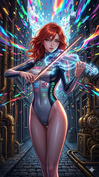 score_9, masterpiece, best quality, ultra-detailed, Set A: High-budget Anime Keyframe, Japanese woman. Upper body close-up from the thighs up, character filling the screen for maximum presence. Theme: Primal Nature. playing a holographic violin in a 