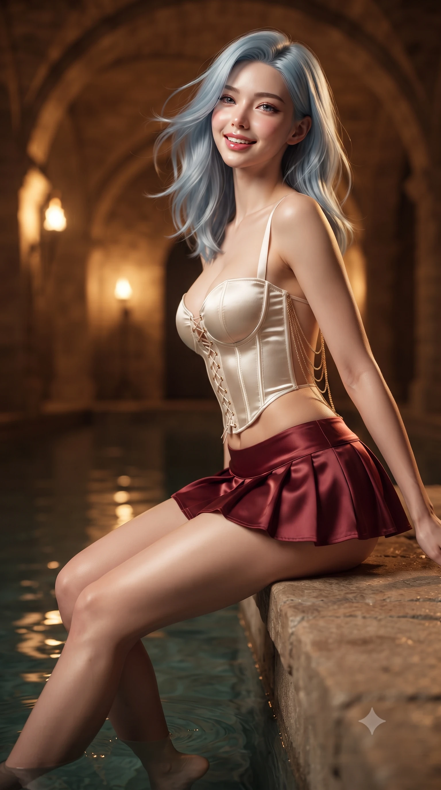 score_9, masterpiece, best quality, ultra-detailed, high-budget anime keyframe, editorial fashion photography, tasteful artistic composition, Korean woman. close-up cowboy shot from the waist and thighs up, the character dominates the composition, filling the frame with her large presence. turning slowly with an enchanting smoldering smile, her glossy hair tossing in the breeze as her hips angle gracefully in a captivating contrapposto while sitting perched gracefully on the stone pool coping with legs extended, flashing a radiant, playful smile with parted glossy lips. The background shows a soft-focus infinite rhythm of ribbed stone groin vaults extending into darkness, mirror-still subterranean water reflections, blurred into amber, ochre, and deep bronze bokeh. She has an exceptionally elegant, slender, and willowy female figure with an ultra-slim waist, flat toned midriff, narrow ribcage, and sculpted feminine hips creating an alluring, slim hourglass silhouette without bulk. sharp v-shaped jawline, high-bridge nose, intricate jewel-like sparkling eyes with depth, thick eyelashes, glossy parted lips with a natural peach sheen, bright cheerful beaming smile with an enchanting and coquettish sensual glint, exuding both youthful cute charm and seductive allure, flawlessly proportioned anatomical accuracy, strict slender model proportions, natural body alignment, perfectly sculpted long slender limbs, ultra-slim waistline, clean dynamic posture without body distortion. wearing a structured Seville boned lace-up bustier top paired with an ultra-short low-rise pleated micro mini skirt in Belvedere ivory pearl and Habsburg bordeaux wine, crafted from fluid liquid silk satin that clings smoothly to her narrow waist and rounded hips with a dewy sheen, accented with an open-back drape framed by falling strands of delicate gold chains, the liquid-tight tailored fabric clinging flawlessly to her narrow waist and rounded feminine hips, emphasizing every millimeter of her sculpted slim hourglass curves without any bulky heaviness. bathed in the dramatic warm 2400K golden torchlight and architectural sconces lining the underground arches. ultra-reflective glossy finish, specular highlights, rich textural contrasts, high-contrast stereoscopic depth, volumetric dynamic lighting, 2k, ultra detail, master piece, 9:16 ratio