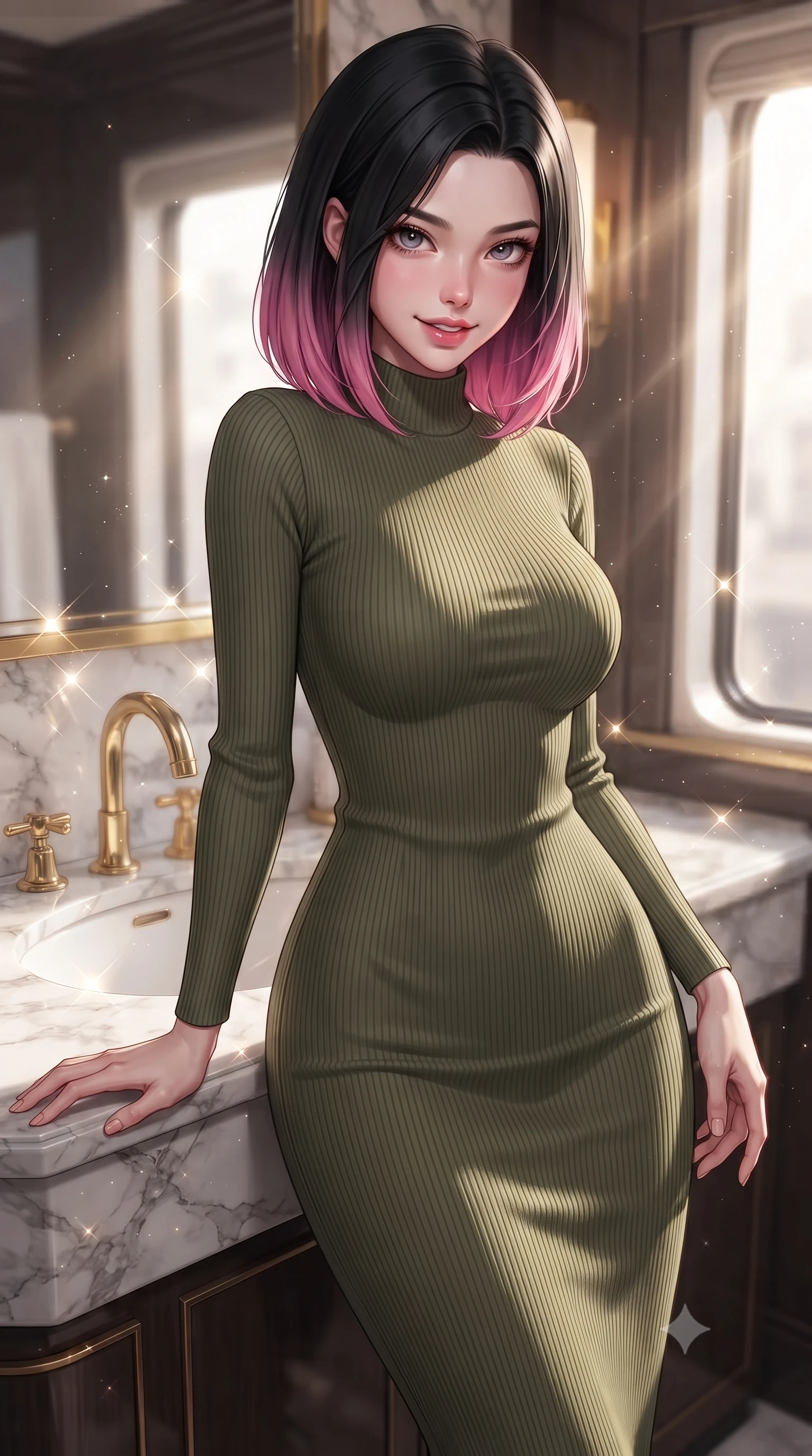 score_9, masterpiece, best quality, ultra-detailed, high-budget anime keyframe, editorial fashion photography, tasteful artistic composition, Korean woman. close-up cowboy shot from the waist and thighs up, the character dominates the composition, filling the frame with her large presence, background elements kept in soft focus. leaning slightly forward with a playful, teasing smile, her gaze locked onto the viewer with lips parted in a composed pose, the background shows a soft-focus a train suite bedroom with marble bath vanity and gold plumbing fixtures. She has an exceptionally elegant, slender, and willowy female figure with an ultra-slim waist, a gracefully sculpted slender torso, and a refined silhouette. sharp v-shaped jawline, high-bridge nose, intricate jewel-like eyes with depth, thick eyelashes, glossy lips with a natural sheen. wearing a form-contouring body-hugging ribbed carbon-fiber knit bodycon midi dress in olive green, featuring a snug mock-neck. bright morning sun rays creating sparkling glints on the marble and gold. ultra-reflective glossy finish, specular highlights, metallic sheen, high-contrast stereoscopic depth, volumetric dynamic lighting, 2k, ultra detail, master piece, 9:16 ratio