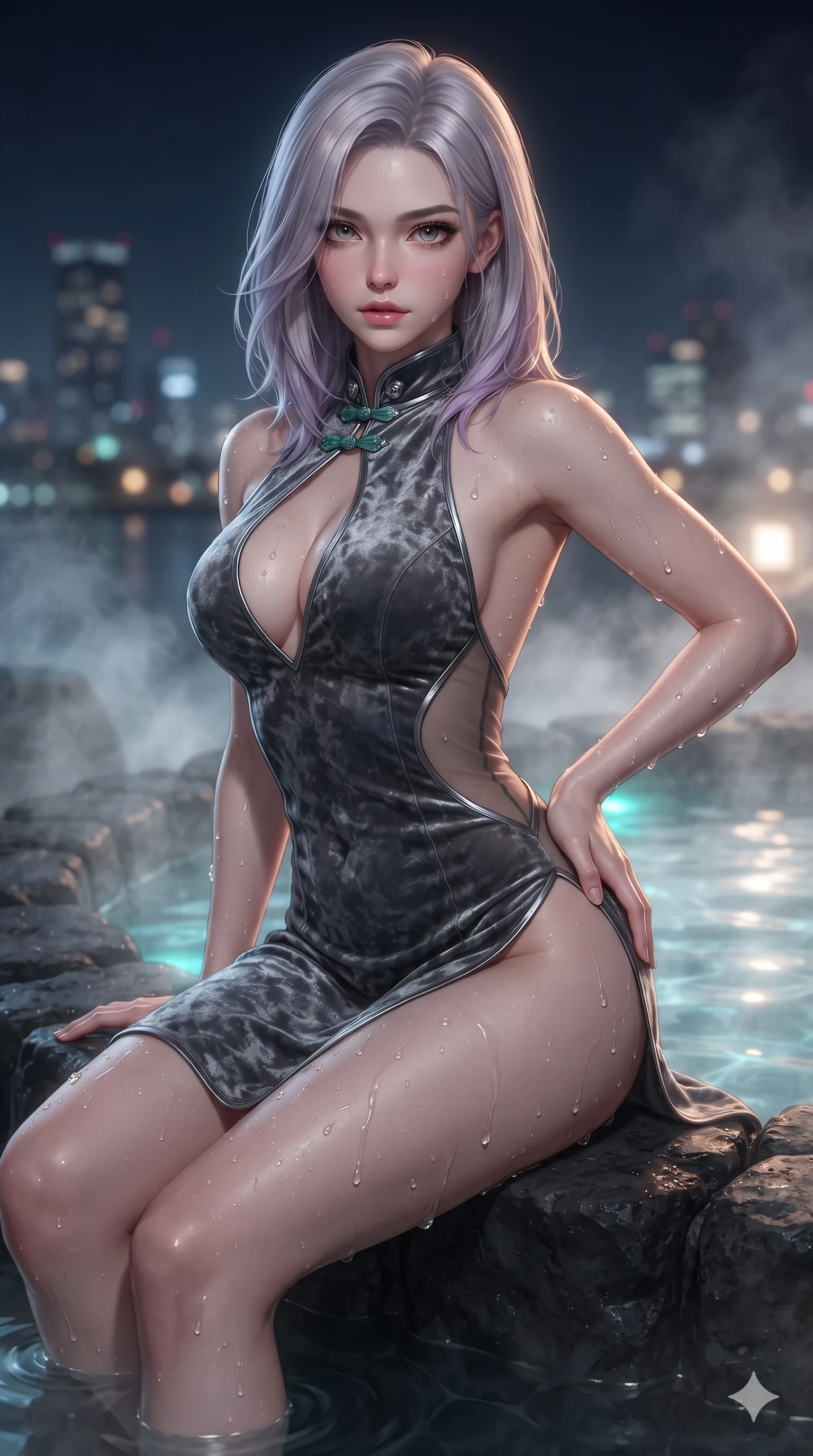 score_9, masterpiece, best quality, ultra-detailed, high-budget anime keyframe, editorial fashion photography, tasteful artistic composition, Caucasian woman. close-up cowboy shot from the waist and thighs up, the character dominates the composition, filling the frame with her large presence. arching her spine backward with effortless dancer poise, one hand sliding along her hip line as directional light carves specular highlights along her silhouette while sitting on the black basalt rock rim of the steaming geothermal pool, water droplets beading on her flat midriff and curvy hips as steam rises into the night air. The background shows a soft-focus mineral steam haze softened in skyline geothermal pool shallow focus. She has an exceptionally elegant, slender, and willowy female figure with an ultra-slim waist, flat toned midriff, narrow ribcage, and sculpted feminine hips creating an alluring, slim hourglass silhouette without bulk. sharp v-shaped jawline, high-bridge nose, intricate jewel-like sparkling eyes with depth, thick eyelashes, glossy parted lips with a natural sheen, intensely captivating and seductive bedroom-eyes expression, exuding both youthful cute charm and sovereign luxury allure, flawlessly proportioned anatomical accuracy, strict slender model proportions, natural body alignment, perfectly sculpted long slender limbs, ultra-slim waistline, clean dynamic posture without body distortion. wearing a backless crushed velvet mini dress with a deep plunging neckline and hip-high thigh slit in charcoal grey and polished chrome, featuring strategic sheer-illusion tulle side panels framing her ribcage and hips, finished with sleek jade frog closures glinting along her high collar, the precision-cut side openings and low-back scoop framing her graceful spine and the sensual sweep of her slim, toned hips. illuminated by water surface ripple reflections and sharp turquoise-amber rim lights carving her sculpted collarbones, ultra-slim waist, and curvy hips. ultra-reflective glossy finish, specular highlights, rich textural contrasts, high-contrast stereoscopic depth, volumetric dynamic lighting, 2k, ultra detail, master piece, 9:16 ratio