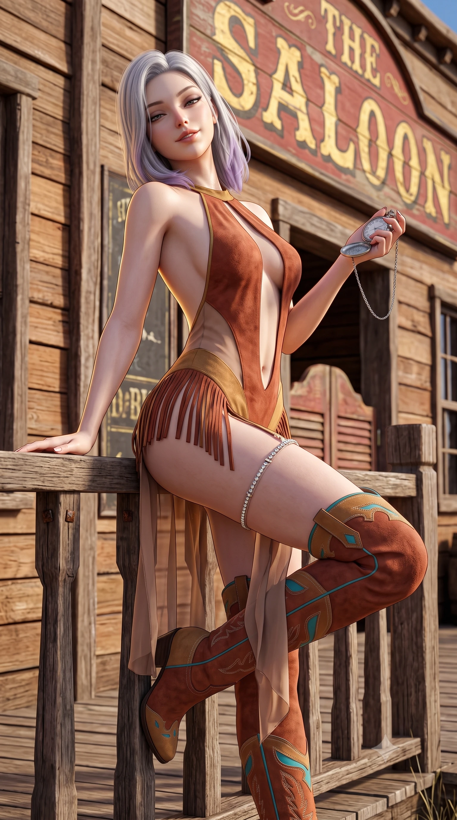 score_9, masterpiece, best quality, ultra-detailed, high-budget anime keyframe, semi-realistic 3D game render, editorial fashion photography, tasteful artistic composition, Caucasian woman. close-up cowboy shot from the waist and thighs up, the character dominates the composition, filling the frame with her large presence. leaning back against the balustrade with relaxed seductive grace, head tilted back slightly while casting a hypnotic, heavy-lidded gaze while sitting perched on the wooden boardwalk railing with one knee bent, holding an antique silver pocket watch with playful teasing cool. The surrounding environment is rendered in vivid detail and crisp panoramic clarity: sharp rough-sawn cedar plank grain, rusted iron square nails, and weathered saloon sign lettering in deep focus. She has an exceptionally elegant, slender, and willowy female figure with an ultra-slim waist, flat toned midriff, narrow ribcage, and sculpted feminine hips creating an alluring, slim hourglass silhouette without bulk. sharp v-shaped jawline, high-bridge nose, sparkling eyes with hypnotic seductive depth, thick curled eyelashes, glossy parted lips with a natural dewy peach sheen, alluring bedroom-eyes with an enchanting coquettish smile, exuding magnetic siren charisma and sophisticated glamour, flawlessly proportioned anatomical accuracy, strict slender model proportions, natural body alignment, perfectly sculpted long slender limbs, ultra-slim waistline, clean dynamic posture without body distortion. wearing a slinky backless halterneck suede leotard with fringe accents along the side hips and thigh-high cowboy boots in terracotta rust and desert sand gold with turquoise accents, made of sheer gossamer chiffon that drapes softly against skin with airy translucence, finished with delicate crystal-encrusted thigh garter straps glinting in the sunlight, the form-contouring silhouette accentuating her sculpted flat midriff, narrow delicate ribcage, and gracefully curvy hips with intoxicating allure. illuminated by boardwalk wood reflection bounce and sharp golden rim lights defining her razor-sharp jawline, flat midriff, and curvy hips. highly saturated vibrant anime colors, detailed shading with soft gradients, rich glossy textures, high-contrast stereoscopic depth, volumetric dynamic lighting, master piece, 9:16 ratio