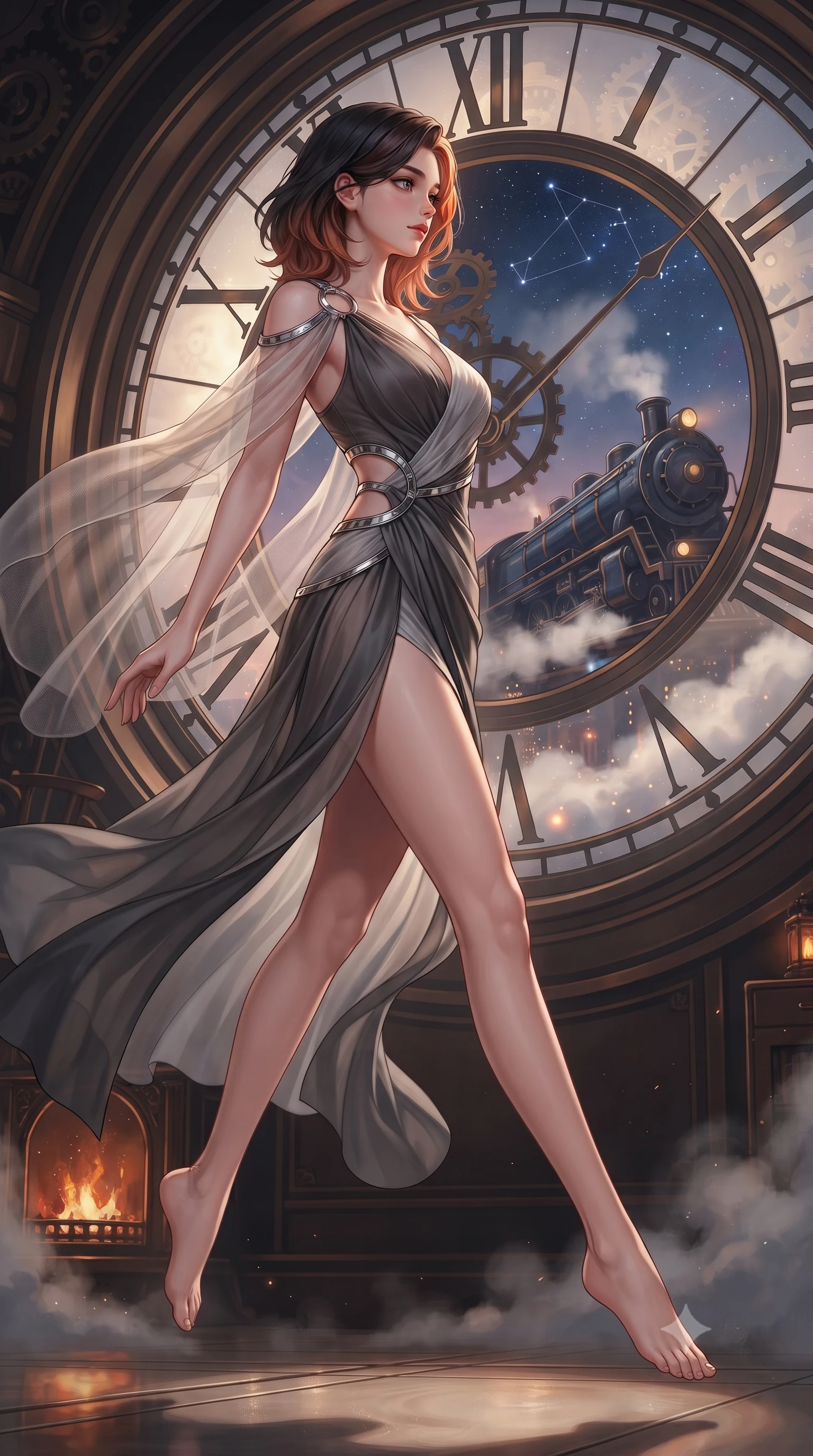 score_9, masterpiece, best quality, ultra-detailed, high-budget anime keyframe, editorial fashion photography, tasteful artistic composition, Korean woman. low angle full-body shot from head to toe showing her feet, filling the entire 9:16 vertical frame with her statuesque presence, stretching her vertical silhouette. leaping gracefully through the environment with statuesque elegance and long slender legs gazing out a massive circular clock window at a twilight galaxy express train, distant starlight and city lights twinkling through steam clouds. She has an absolutely perfect, statuesque 8.5-heads proportion, an exceptionally tall and slender model-like female figure with impossibly long slender legs and an ultra-slim waist. sharp v-shaped jawline, high-bridge nose, intricate jewel-like eyes with depth, thick eyelashes, glossy lips with a natural sheen. wearing an asymmetrical Grecian draped chiffon gown with a metallic shoulder ring in charcoal grey and platinum, woven from fine semi-opaque sheer organza, accented with delicate chrome ring hardware framing her waist, the sleek second-skin texture accentuating her magnetic presence. surrounded by warm hearth light and dramatic bronze rim highlights. ultra-reflective glossy finish, specular highlights, metallic sheen, high-contrast stereoscopic depth, volumetric dynamic lighting, 2k, ultra detail, master piece, 9:16 ratio