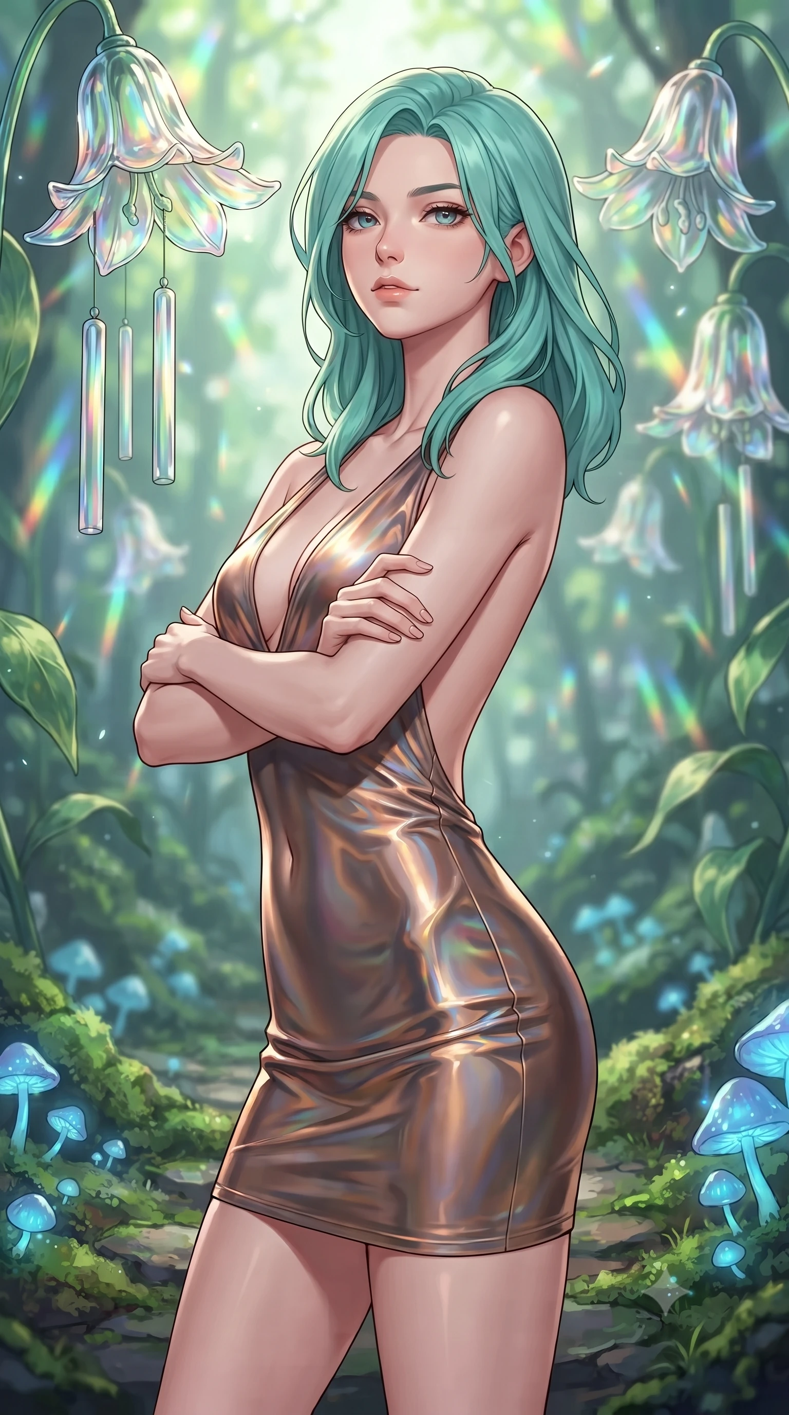 score_9, masterpiece, best quality, ultra-detailed, high-budget anime keyframe, gorgeous anime illustration, with clean line-art and distinct ink outlines, Japanese woman. close-up cowboy shot from the waist and thighs up, the character dominates the composition, filling the frame with her large presence, background elements kept in soft focus. Crossing her arms with serene confidence and chin slightly raised. set against a soft-focus background of walking through a forest of giant lilies made of hand-blown glass that ring like wind chimes, their petals refracting light onto a moss-covered path strewn with glowing blue mushrooms. She has an exceptionally elegant and slender, willowy female figure with an ultra-slim waist, a gracefully sculpted slender torso, and a refined slim physique. sharp v-shaped jawline, high-bridge nose, intricate jewel-like eyes with depth, thick eyelashes, glossy lips with a natural sheen. wearing a deep-V bodycon mini dress in shifting liquid bronze, featuring a dramatic open back. afternoon sun rays filtering through the glass petals, casting delicate rainbow prism highlights and organic green shadows. 2k, ultra detail, master piece, 9:16 ratio, vibrant anime color palette, detailed cel-shading with soft gradients, rich contrast, dynamic lighting, 2d animation style