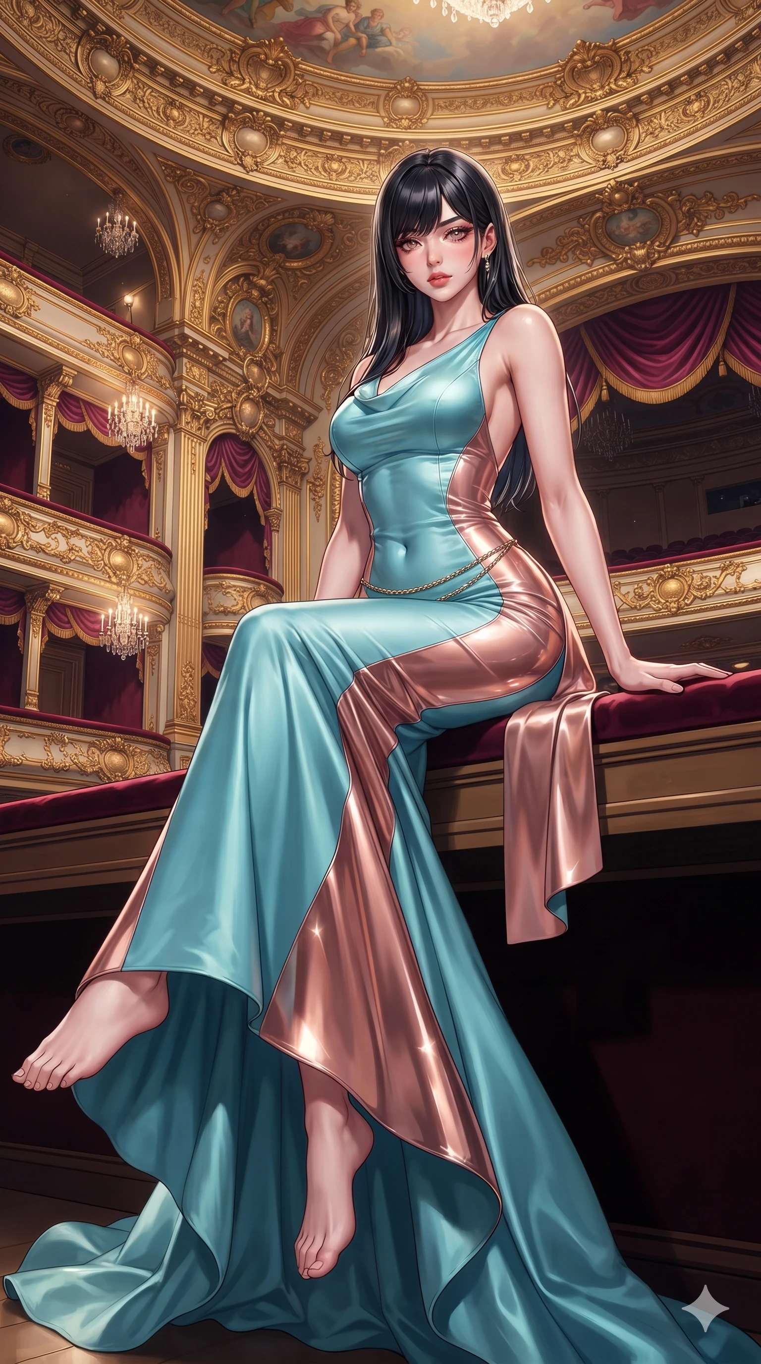 score_9, masterpiece, best quality, ultra-detailed, high-budget anime keyframe, semi-realistic 3D game render, editorial fashion photography, tasteful artistic composition, Caucasian woman. low angle full-body shot from head to toe showing her feet, filling the entire 9:16 vertical frame with her statuesque presence, stretching her vertical silhouette. sitting perched on the elevated edge with hips angled toward the camera and legs crossed, displaying her toned midriff and flawlessly sculpted slender limbs while twisting her slender torso in an alluring contrapposto stance, dramatic stage spotlights wrapping around her narrow waist and curvy hips with anime flair. The surrounding environment is rendered in vivid detail and crisp panoramic clarity: detailed anime keyframe lines, rich fabric textures, and monumental royal opera architecture in razor-sharp precision. She has an exceptionally tall and slender model-like 8.5-heads proportion, an ultra-slim waist, a flat toned midriff, narrow delicate ribcage, and beautifully sculpted feminine hips creating a graceful, slim hourglass silhouette without any bulky heaviness, with impossibly long slender legs. sharp v-shaped jawline, high-bridge nose, intricate jewel-like eyes with depth, thick eyelashes, glossy parted lips with a natural sheen, intensely captivating and seductive bedroom-eyes expression, flawlessly proportioned anatomical accuracy, strict slender model proportions, natural body alignment, perfectly sculpted long slender limbs, ultra-slim waistline, clean dynamic posture without body distortion. wearing a sculpted mermaid silhouette evening gown in duchess satin with a low cowl back and floor-trailing hem in Venetian aquamarine silk and rose gold, tailored from high-gloss patent leather with mirror-like specular highlights, accented with a delicate gold chain belt resting loosely on her curvy hips, the impeccably tailored cut draping gracefully along her slender figure with aristocratic poise. illuminated by crisp directional theatrical spotlights sharply defining her sculpted collarbones, ultra-slim waist, and curvy hips. highly saturated vibrant anime colors, detailed shading with soft gradients, rich glossy textures, high-contrast stereoscopic depth, volumetric dynamic lighting, master piece, 9:16 ratio