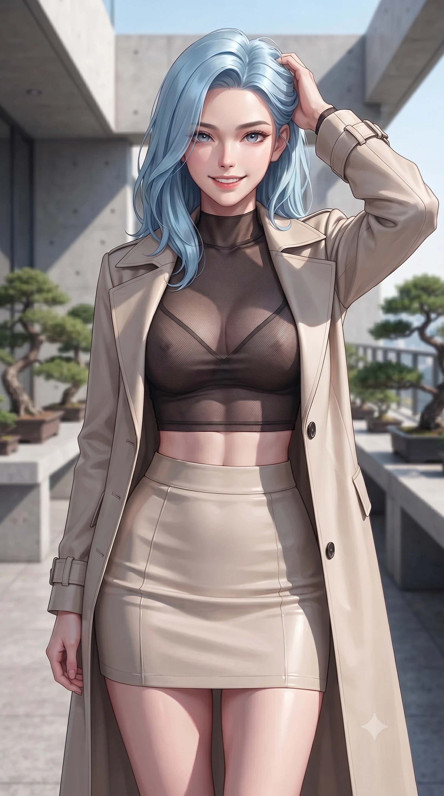 score_9, masterpiece, best quality, ultra-detailed, high-budget anime keyframe, editorial fashion photography, tasteful artistic composition, Korean woman. close-up cowboy shot from the waist and thighs up, the character dominates the composition, filling the frame with her large presence, background elements kept in soft focus. smiling with quiet, magnetic self-assurance directly into the camera, running a hand through her hair the background shows a soft-focus a modern rail observation deck with minimalist concrete details and bonsai plants. She has an exceptionally elegant, slender, and willowy female figure with an ultra-slim waist, a gracefully sculpted slender torso, and a refined silhouette. sharp v-shaped jawline, high-bridge nose, intricate jewel-like eyes with depth, thick eyelashes, glossy lips with a natural sheen. wearing a body-hugging semi-opaque dark mesh crop top paired with a mini skirt, layered with a tailored light trench coat. sharp afternoon sunbeams casting clean, structured shadows across her pose. ultra-reflective glossy finish, specular highlights, metallic sheen, high-contrast stereoscopic depth, volumetric dynamic lighting, 2k, ultra detail, master piece, 9:16 ratio