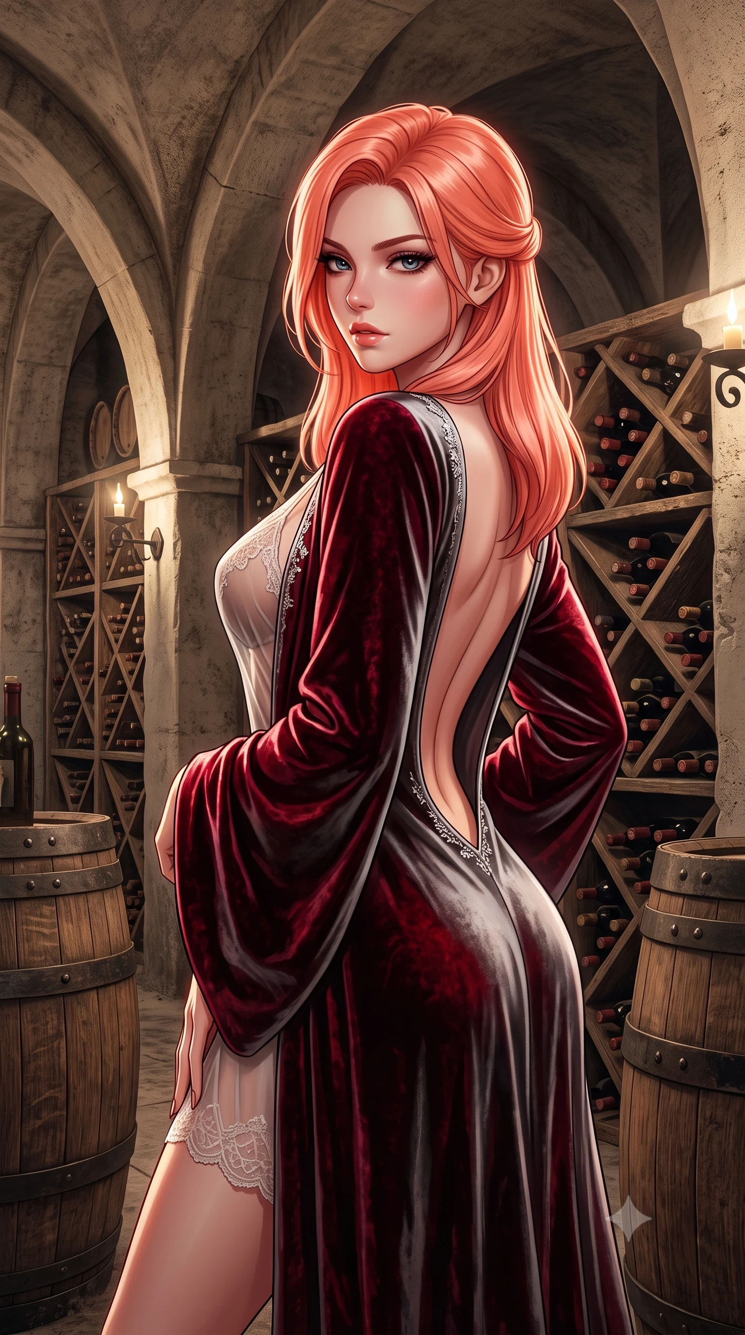 score_9, masterpiece, best quality, ultra-detailed, high-budget anime keyframe, semi-realistic 3D game render, editorial fashion photography, tasteful artistic composition, Japanese woman. close-up cowboy shot from the waist and thighs up, the character dominates the composition, filling the frame with her large presence. leaning back with relaxed seductive grace, her sculpted collarbones and narrow waist highlighted as she casts smoldering bedroom-eyes directly into the camera while standing poised between towering limestone arches and dusty vintage wine racks, twisting her torso in a deep contrapposto stance to display her feminine hourglass curves. The surrounding environment is rendered in vivid detail and crisp panoramic clarity. sharp aged oak wood grain, wrought-iron barrel hoops, and chalk cellar wall textures in deep focus. She has an exceptionally elegant, slender, and willowy female figure with an ultra-slim waist, a gracefully sculpted slender torso, toned flat midriff, and rounded feminine hips creating an alluring hourglass silhouette. sharp v-shaped jawline, high-bridge nose, intricate jewel-like eyes with depth, thick eyelashes, glossy parted lips with a natural sheen, intensely captivating and seductive bedroom-eyes expression, flawlessly proportioned anatomical accuracy, strict slender model proportions, natural body alignment, perfectly sculpted long slender limbs, ultra-slim waistline, clean dynamic posture without body distortion. wearing a sheer vintage lace-trimmed slip dress layered under a sweeping silk velvet robe with high leg cut in deep garnet red and brushed dark platinum, crafted from heavyweight crushed silk velvet with liquid vintage luster, finished with delicate crystal frost embroidery tracing the plunging neckline, the dramatically scooped open back descending to the base of her spine, accentuating her razor-sharp statuesque lines and curvy hourglass silhouette. illuminated by rich specular rim lights defining her razor-sharp jawline, narrow waist, and curvy hips. highly saturated vibrant anime colors, detailed shading with soft gradients, rich glossy textures, high-contrast stereoscopic depth, volumetric dynamic lighting, master piece, 9:16 ratio