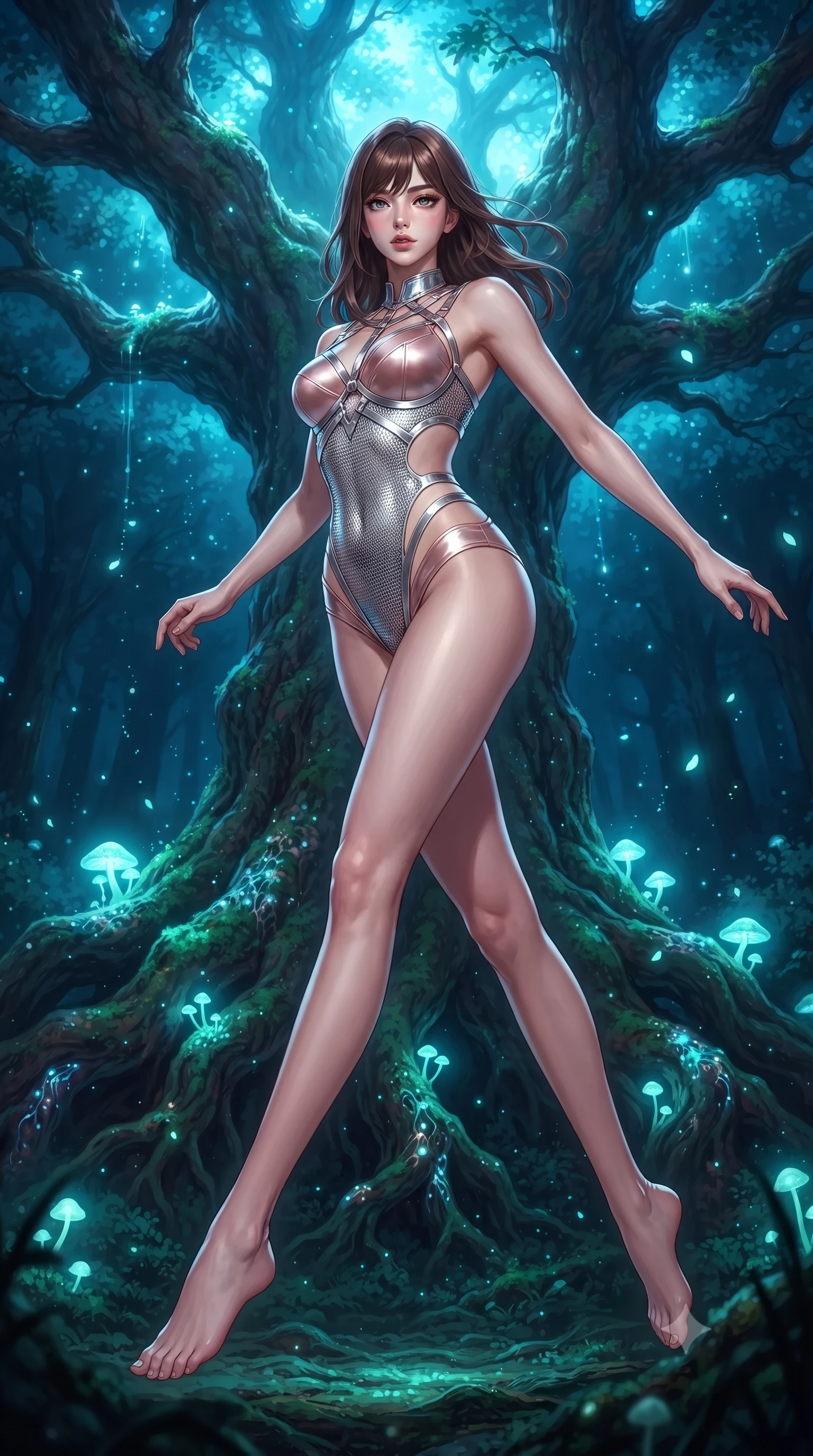 score_9, masterpiece, best quality, ultra-detailed, high-budget anime keyframe, editorial fashion photography, tasteful artistic composition, Korean woman. low angle full-body shot from head to toe showing her feet, filling the entire 9:16 vertical frame with her statuesque presence, stretching her vertical silhouette. leaping dynamically through the luminous sky, her posture full of power and elegance, standing beneath a colossal ancient tree surrounded by glowing opal mushroom spores, deep forest shadow background providing intense subject isolation. She has an absolutely perfect, statuesque 8.5-heads proportion, an exceptionally tall and slender model-like female figure with impossibly long slender legs and an ultra-slim waist. sharp v-shaped jawline, high-bridge nose, intricate jewel-like eyes with depth, thick eyelashes, glossy lips with a natural sheen. wearing sculpted structured cup bodysuit in liquid silver metal-mesh with hip cutouts in rose-gold pink, made of soft rose-gold satin, highlighted by a platinum metallic harness structure, following her slender form with tailored precision. illuminated by bioluminescent opal mycelium glow radiating from tree roots. highly saturated vibrant anime colors, detailed shading with soft gradients, rich glossy textures, high-contrast stereoscopic depth, volumetric dynamic lighting, master piece, 9:16 ratio