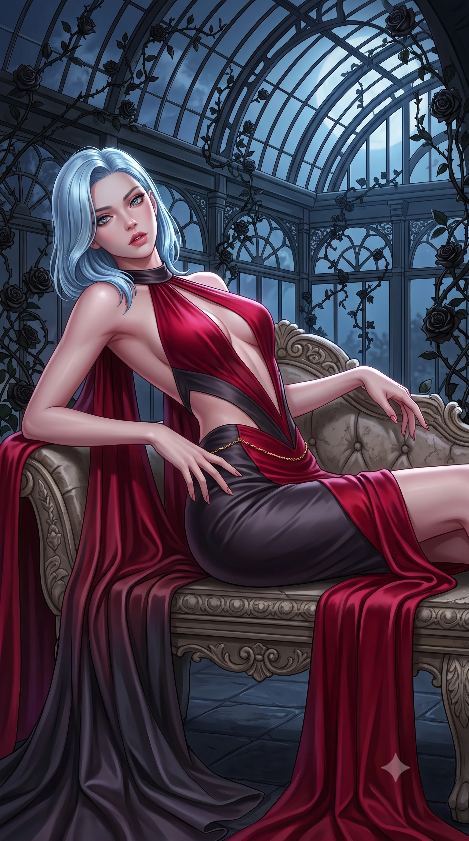 score_9, masterpiece, best quality, ultra-detailed, high-budget anime keyframe, semi-realistic 3D game render, editorial fashion photography, tasteful artistic composition, Korean woman. close-up cowboy shot from the waist and thighs up, the character dominates the composition, filling the frame with her large presence. arching her spine in an alluring serpentine S-curve, one hand resting on her waist with parted glossy lips and an intensely magnetic gaze while reclining languidly on an antique stone bench in a moonlit glasshouse orangerie as thorny black rose vines climb the iron rafters. The surrounding environment is rendered in vivid detail and crisp panoramic clarity. high-contrast gothic romance chiaroscuro and atmospheric Victorian architecture rendered with precision. She has an exceptionally elegant, slender, and willowy female figure with an ultra-slim waist, a gracefully sculpted slender torso, toned flat midriff, and a refined slim silhouette. sharp v-shaped jawline, high-bridge nose, intricate jewel-like eyes with depth, thick eyelashes, glossy parted lips with a natural sheen, intensely captivating and seductive expression, flawlessly proportioned anatomical accuracy, strict slender model proportions, natural body alignment, perfectly sculpted long slender limbs, ultra-slim waistline, clean dynamic posture without body distortion. wearing a gothic siren halter-neck dress with dramatic diagonal torso cutouts and a trailing floor-length silk cape in rich ruby red and dark smoky charcoal, tailored from ultra-smooth duchess satin with a pearlescent sheen, complemented by a delicate gold waist chain framing her ultra-slim silhouette, the dramatically scooped open back descending to the base of her spine, accentuating her razor-sharp statuesque lines and slim hourglass silhouette. surrounded by a seductive, aristocratic, and dangerously alluring vampire queen aura. highly saturated vibrant anime colors, detailed shading with soft gradients, rich glossy textures, high-contrast stereoscopic depth, volumetric dynamic lighting, master piece, 9:16 ratio
