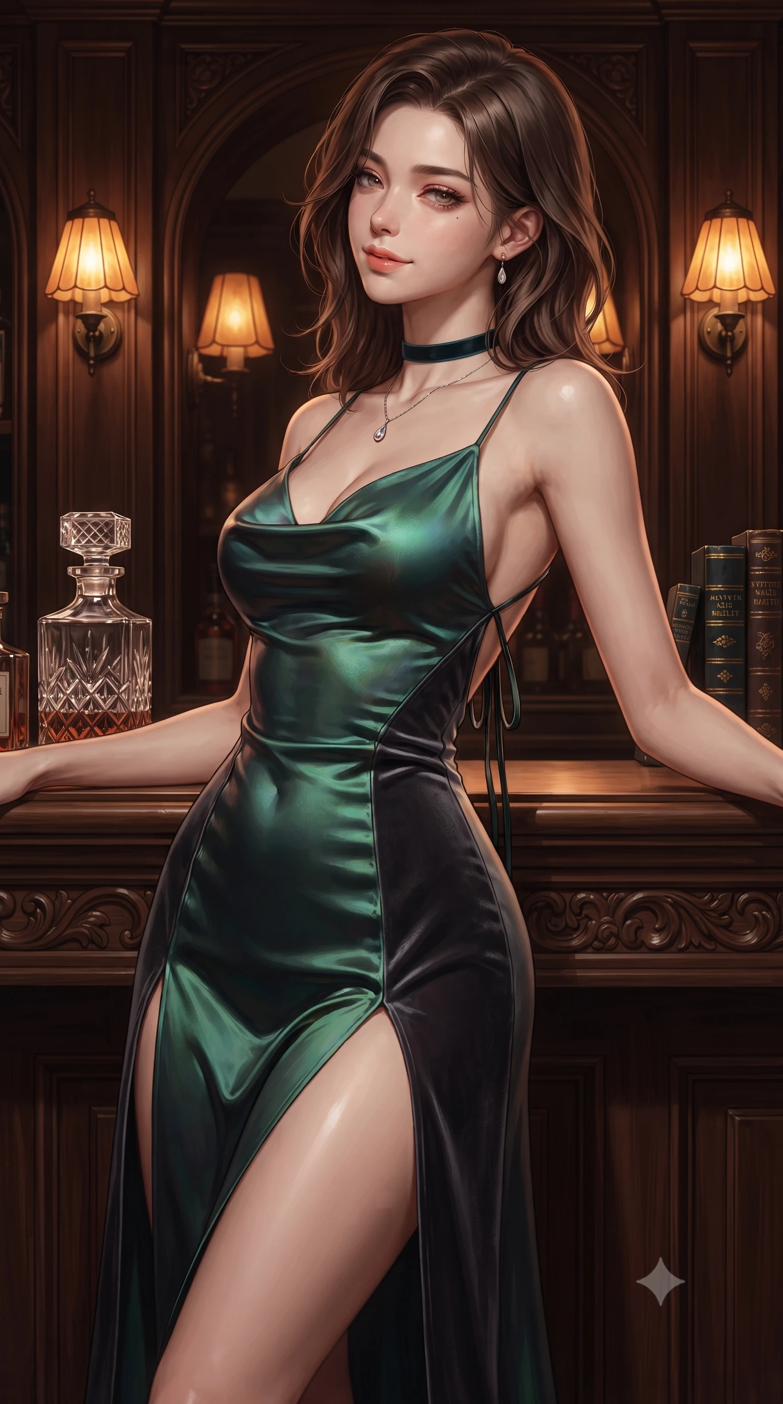 score_9, masterpiece, best quality, ultra-detailed, high-budget anime keyframe, editorial fashion photography, tasteful artistic composition, Korean woman. close-up cowboy shot from the waist and thighs up, the character dominates the composition, filling the frame with her large presence. leaning back against the balustrade with relaxed seductive grace, head tilted back slightly while casting a hypnotic, heavy-lidded gaze while twisting her slender torso in an alluring S-curve, amber art-deco shaded lamps tracing her narrow waist, flat midriff, and hips. The surrounding environment is rendered in vivid detail and crisp panoramic clarity: sharp carved walnut moulding profiles, cut-crystal liquor decanter facets, and antique book gold-leaf lettering in deep focus. She has an exceptionally elegant, slender, and willowy female figure with an ultra-slim waist, flat toned midriff, narrow ribcage, and sculpted feminine hips creating an alluring, slim hourglass silhouette without bulk. sharp v-shaped jawline, high-bridge nose, sparkling eyes with hypnotic seductive depth, thick curled eyelashes, glossy parted lips with a natural dewy peach sheen, alluring bedroom-eyes with an enchanting coquettish smile, exuding magnetic siren charisma and sophisticated glamour, flawlessly proportioned anatomical accuracy, strict slender model proportions, natural body alignment, perfectly sculpted long slender limbs, ultra-slim waistline, clean dynamic posture without body distortion. wearing a plunging cowl-neck liquid silk satin slip gown with daring hip-high double slits and delicate back ties in iridescent emerald satin and dark charcoal velvet, tailored from fine structural neoprene with crisp architectural edges and smooth contouring, finished with a thin velvet ribbon choker and a single teardrop diamond pendant, the high-slit wrap tailoring accentuating her ultra-slim waistline and the enchanting curve of her feminine hips with alluring seductive charm. bathed in warm moody chiaroscuro lighting spilling from vintage art-deco shaded lamps and the bar niche. ultra-reflective glossy finish, specular highlights, rich textural contrasts, high-contrast stereoscopic depth, volumetric dynamic lighting, 2k, ultra detail, master piece, 9:16 ratio