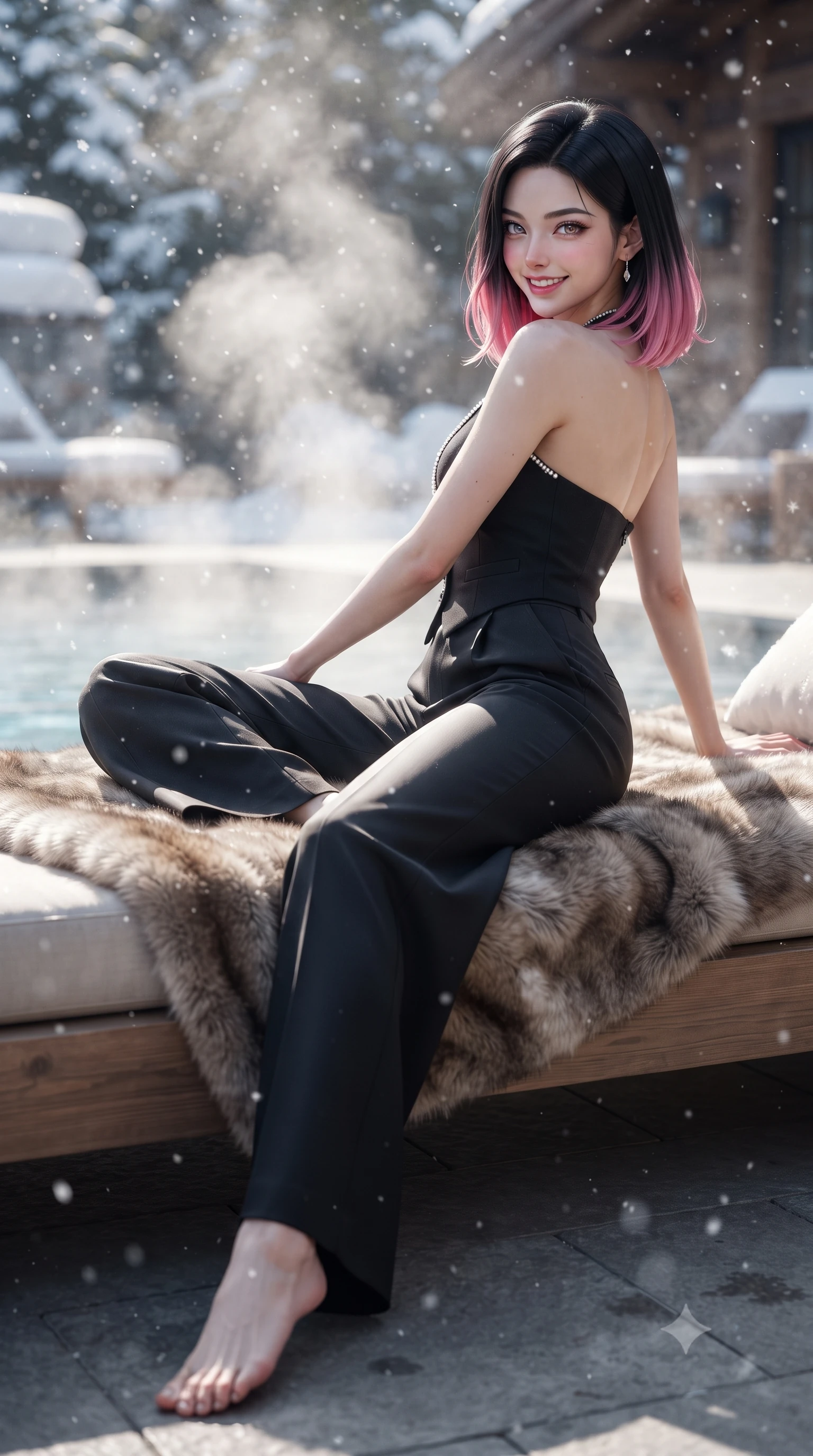 score_9, masterpiece, best quality, ultra-detailed, high-budget anime keyframe, editorial fashion photography, tasteful artistic composition, Korean woman. low angle full-body shot from head to toe showing her feet, filling the entire 9:16 vertical frame with her statuesque presence, stretching her vertical silhouette. reclining languidly on her side across the fur-draped daybed with one knee drawn up, her radiant smile and arched hip curve commanding the 9:16 vertical frame with youthful sensual charisma while resting against the cedar pool coping with hips cocked back, looking over a bare shoulder with an intoxicating bedroom-gaze as steam drifts into the crisp winter air. The composition keeps background elements in soft focus with dreamy creamy bokeh. thick rising thermal steam clouds and falling snowflakes softened in dreamy Swiss alpine shallow focus. She has an exceptionally tall and slender model-like 8.5-heads proportion, an ultra-slim waist, a flat toned midriff, narrow delicate ribcage, and beautifully sculpted feminine hips creating a graceful, slim hourglass silhouette without any bulky heaviness, with impossibly long slender legs. sharp v-shaped jawline, high-bridge nose, sparkling ice-crystal eyes with depth, frosty thick lashes, glossy parted lips with a rosy berry sheen, bright playful smile with an intoxicating seductive glint, rosy flushed cheeks radiating cozy warmth and dangerous allure, flawlessly proportioned anatomical accuracy, strict slender model proportions, natural body alignment, perfectly sculpted long slender limbs, ultra-slim waistline, clean dynamic posture without body distortion. wearing a tailored cashmere vest worn closed against bare skin with high-waisted wide-leg wool trousers in dark obsidian black and gleaming platinum, woven from layered gossamer chiffon with ethereal weightless flutter, finished with subtle crystal rhinestones lining the plunging neckline, the glove-like silhouette tightly following the natural contour of her hips and long slender legs with youthful 8.5-heads elegance. illuminated by steaming pool water caustics and sharp platinum rim lights carving her razor-sharp jawline, narrow waist, and curvy hips. ultra-reflective glossy finish, specular highlights, rich textural contrasts, high-contrast stereoscopic depth, volumetric dynamic lighting, 2k, ultra detail, master piece, 9:16 ratio