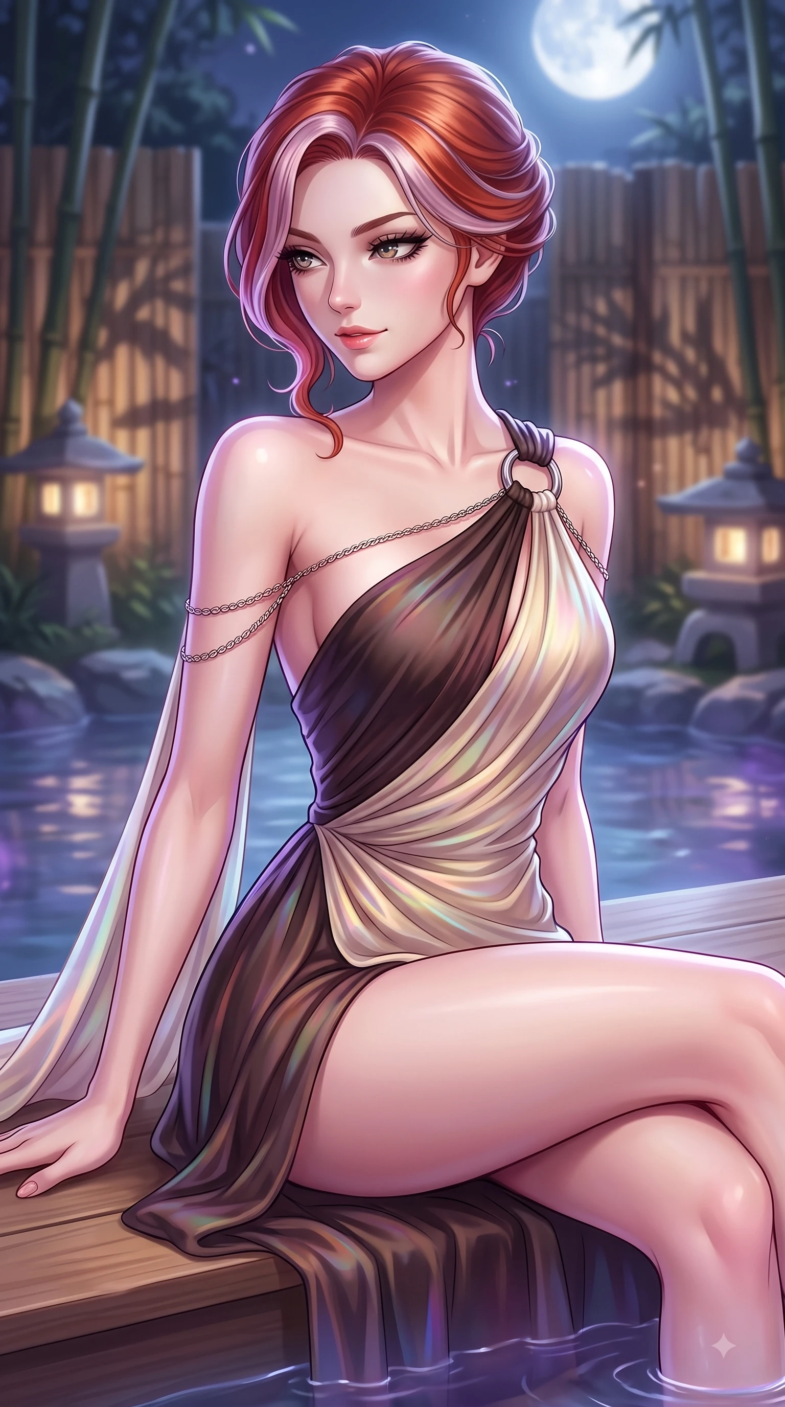 score_9, masterpiece, best quality, ultra-detailed, high-budget anime keyframe, editorial fashion photography, tasteful artistic composition, Caucasian woman. close-up cowboy shot from the waist and thighs up, the character dominates the composition, filling the frame with her large presence, background elements kept in soft focus. Casting a seductive sidelong gaze over her bare shoulder with heavy lashes and a composed half-smile while lounging on a smooth hinoki wood platform in a moonlit hot spring surrounded by bamboo screens, bamboo partitions and stone lanterns casting peaceful organic stencil shadows. She has an exceptionally elegant, slender, and willowy female figure with an ultra-slim waist, a gracefully sculpted slender torso, and a refined silhouette. sharp v-shaped jawline, high-bridge nose, intricate jewel-like eyes with depth, thick eyelashes, glossy lips with a natural sheen, flawlessly proportioned anatomical accuracy, natural body alignment, perfectly sculpted elegant limbs, clean dynamic posture without body distortion. wearing an asymmetrical Grecian draped chiffon gown with a metallic shoulder ring in espresso brown and warm cream, crafted from iridescent chiffon that shifts colors in the light, adorned with delicate metallic chain straps along the neckline, the elegant draped fit framing her graceful clavicle and slender torso. illuminated by luminous purple bioluminescence and serene silver moonlight. highly saturated vibrant anime colors, detailed shading with soft gradients, rich glossy textures, high-contrast stereoscopic depth, volumetric dynamic lighting, master piece, 9:16 ratio