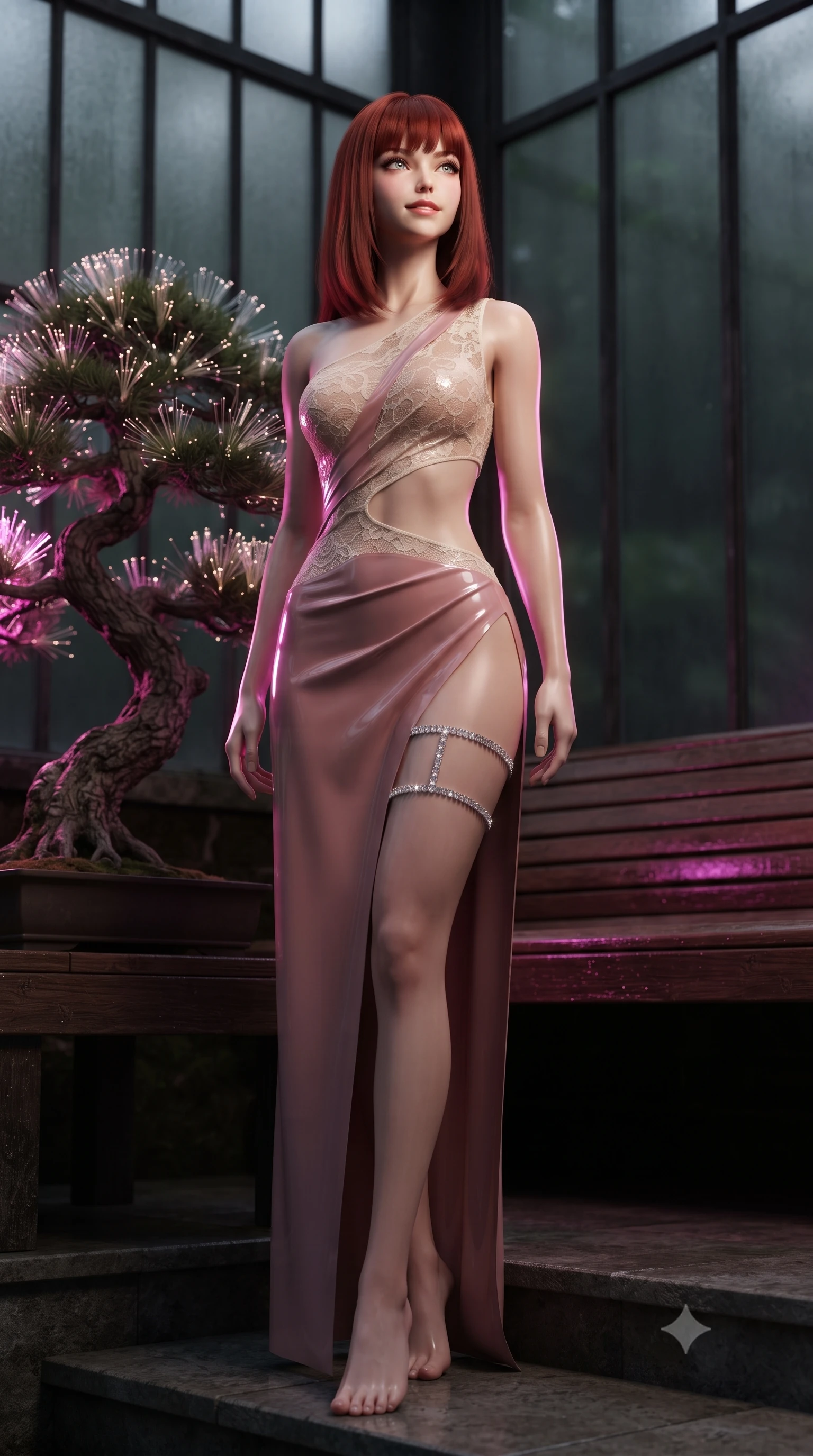 score_9, masterpiece, best quality, ultra-detailed, high-budget anime keyframe, editorial fashion photography, tasteful artistic composition, Caucasian woman. low angle full-body shot from head to toe showing her feet, filling the entire 9:16 vertical frame with her statuesque presence, stretching her vertical silhouette. sitting poised on the stone steps with one knee bent, arching her spine with supermodel elegance as she glances upward through thick eyelashes while standing poised beside a multi-century-old gnarled pine bonsai with glowing fiber-optic needles, arching her back with neo-geisha allure. The background shows a soft-focus cast-iron greenhouse mullions softened in intimate cyberpunk botanical shallow focus. She has an absolutely perfect, statuesque 8.5-heads proportion, an exceptionally tall and slender model-like female figure with impossibly long slender legs, an ultra-slim waist, a flat toned midriff, narrow delicate ribcage, and beautifully sculpted feminine hips creating a graceful, slim hourglass silhouette without any bulky heaviness. sharp v-shaped jawline, high-bridge nose, sparkling eyes with hypnotic seductive depth, thick curled eyelashes, glossy parted lips with a natural dewy peach sheen, alluring bedroom-eyes with an enchanting coquettish smile, exuding magnetic siren charisma and sophisticated glamour, flawlessly proportioned anatomical accuracy, strict slender model proportions, natural body alignment, perfectly sculpted long slender limbs, ultra-slim waistline, clean dynamic posture without body distortion. wearing an asymmetric one-shoulder liquid jersey gown with dramatic hip-high slit and sculptural waist cutout in dusky blush pink and warm ivory lace, crafted from wet-look high-gloss vinyl fabric with dazzling specular surface reflections, finished with delicate crystal-encrusted thigh garter straps glinting in the dim light, the second-skin tailored fabric adhering flawlessly to her sculpted flat midriff and slender torso, emphasizing her long leg lines and perfectly proportioned willowy build. illuminated by wet wooden bench reflections and sharp electric-magenta rim lights sculpting her jawline, flat midriff, and curvy hips. ultra-reflective glossy finish, specular highlights, rich textural contrasts, high-contrast stereoscopic depth, volumetric dynamic lighting, 2k, ultra detail, master piece, 9:16 ratio