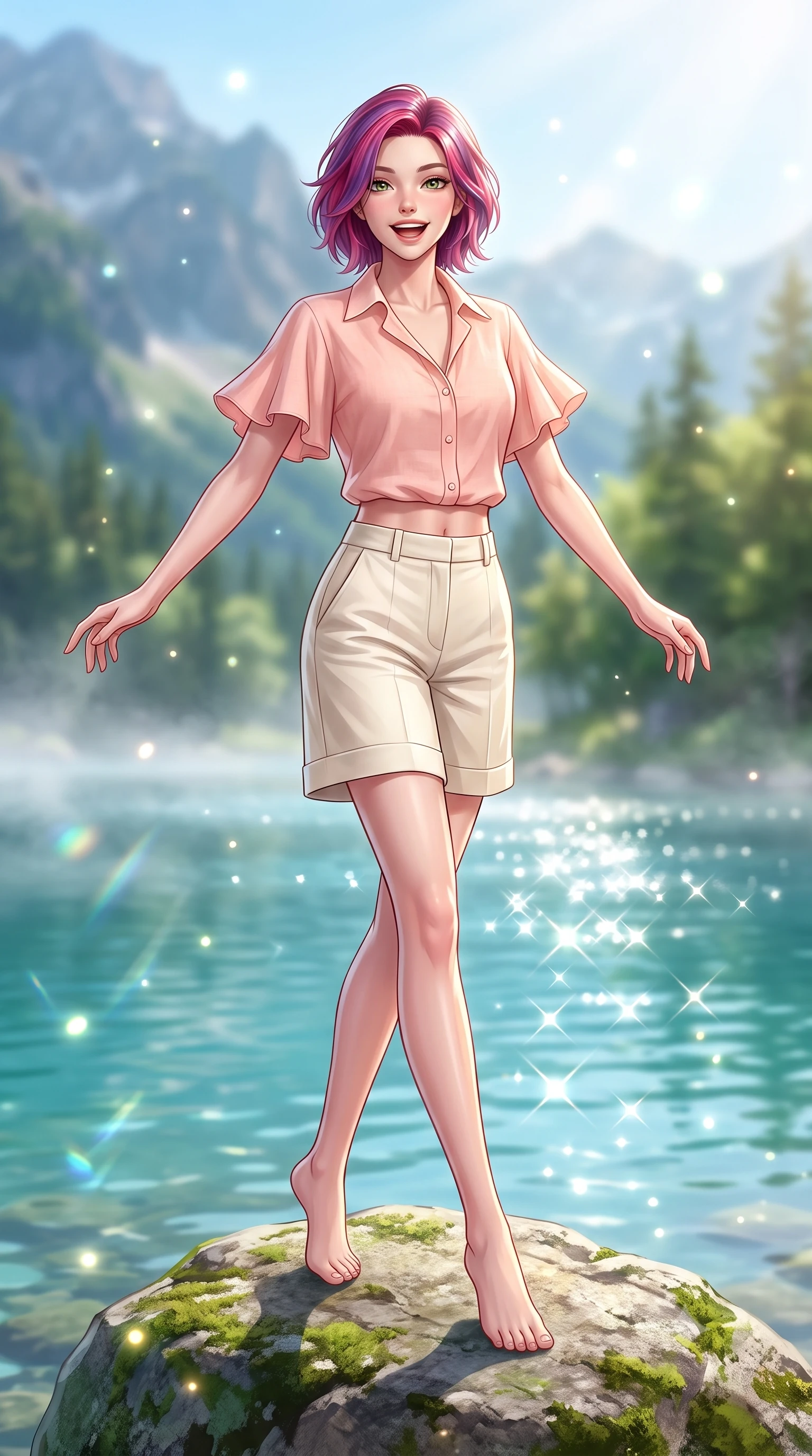 score_9, masterpiece, best quality, ultra-detailed, high-budget anime keyframe, semi-realistic 3D game render, editorial fashion photography, tasteful artistic composition, Caucasian woman. low angle full-body shot from head to toe showing her feet, filling the entire 9:16 vertical frame with her statuesque presence, stretching her vertical silhouette. stepping forward gracefully in mid-motion with a delighted cute laugh, displaying her tall slender model proportions while standing poised on a mossy lakeside boulder with open arms, taking a deep breath of fresh pine-scented mountain air. The composition keeps background elements in soft focus with creamy bokeh. shimmering water light refractions and drifting lake mist scattering soft glowing light motes. She has an absolutely perfect, statuesque 8.5-heads proportion, an exceptionally tall and slender model-like female figure with impossibly long slender legs, a toned flat midriff, and an ultra-slim waist. sharp v-shaped jawline, high-bridge nose, intricate jewel-like eyes with depth, thick eyelashes, glossy lips with a natural sheen, pure and lovely fresh girlhood expression, flawlessly proportioned anatomical accuracy, strict slender model proportions, natural body alignment, perfectly sculpted long slender limbs, ultra-slim waistline, clean dynamic posture without body distortion. wearing a lightweight pastel linen button-down shirt paired with tailored high-rise white Bermuda shorts in warm peach blossom pink and champagne ivory, tailored from crisp organic cotton poplin, featuring elegant flutter sleeves and a graceful open collar, the chic real-way fashion cut emphasizing her effortless charm, flat midriff, and slender model proportions. bathed in radiant midday sunshine creating sparkling diamond glints across the turquoise lake surface. highly saturated vibrant anime colors, detailed shading with soft gradients, rich glossy textures, high-contrast stereoscopic depth, volumetric dynamic lighting, master piece, 9:16 ratio