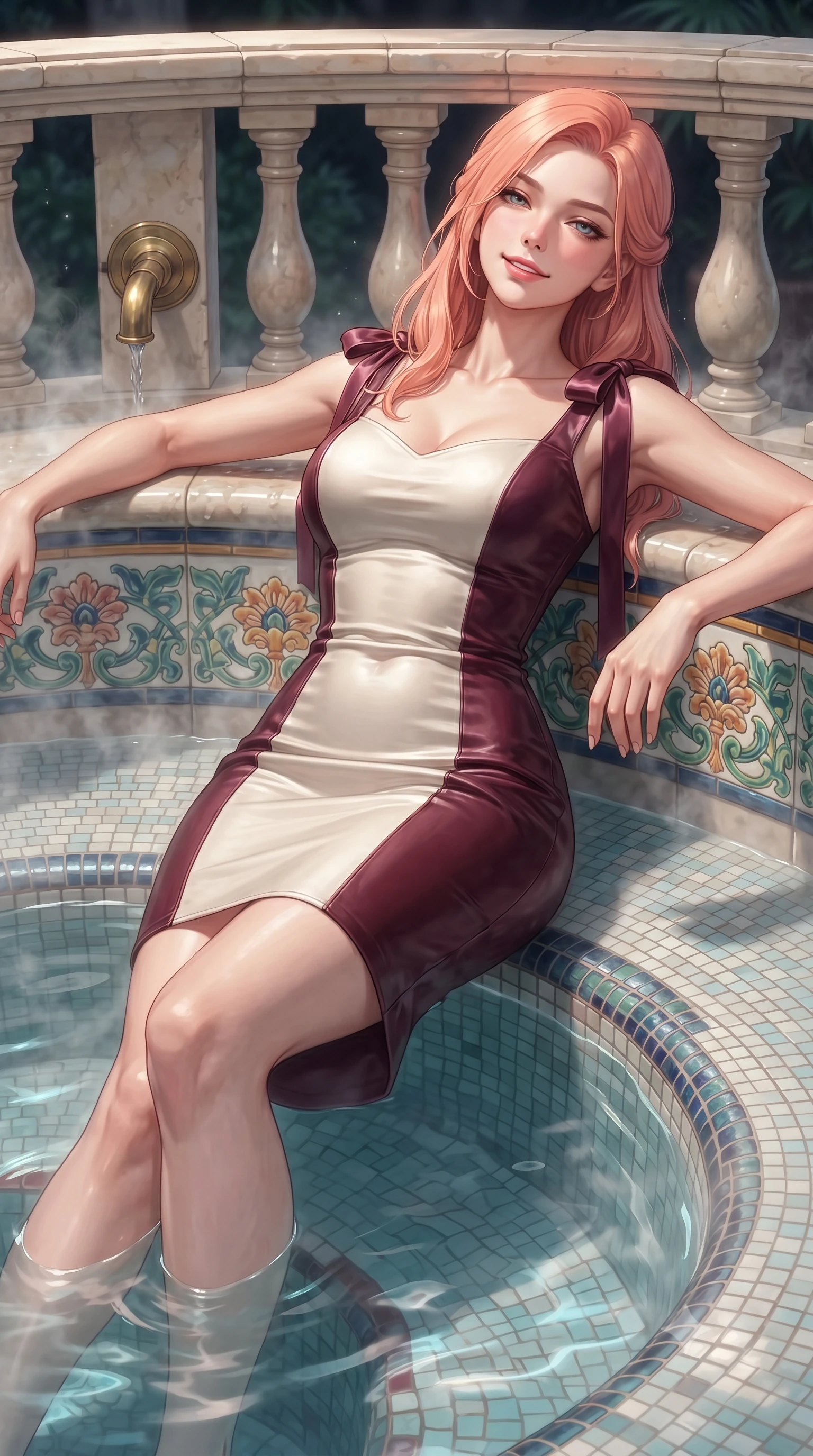 score_9, masterpiece, best quality, ultra-detailed, high-budget anime keyframe, editorial fashion photography, tasteful artistic composition, Japanese woman. close-up cowboy shot from the waist and thighs up, the character dominates the composition, filling the frame with her large presence. leaning back against the balustrade with relaxed seductive grace, head tilted back slightly while casting a hypnotic, heavy-lidded gaze while lounging in the steaming water propped on the curved mosaic rim with legs extended, her statuesque 8.5-heads silhouette commanding the sanctuary. The surrounding environment is rendered in vivid detail and crisp panoramic clarity: sharp hand-glazed floral Majolica ceramic tile reliefs, polished unlacquered brass water spouts, and water droplet beads in deep focus. She has an exceptionally elegant, slender, and willowy female figure with an ultra-slim waist, flat toned midriff, narrow ribcage, and sculpted feminine hips creating an alluring, slim hourglass silhouette without bulk. sharp v-shaped jawline, high-bridge nose, intricate jewel-like sparkling eyes with depth, thick eyelashes, glossy parted lips with a natural peach sheen, bright cheerful beaming smile with an enchanting and coquettish sensual glint, exuding both youthful cute charm and seductive allure, flawlessly proportioned anatomical accuracy, strict slender model proportions, natural body alignment, perfectly sculpted long slender limbs, ultra-slim waistline, clean dynamic posture without body distortion. wearing an ultra-sleek stretch lambskin leather sheath dress accentuating her slim waistline in Belvedere ivory pearl and Habsburg bordeaux wine, tailored from ultra-plush silk velvet with rich tactile depth and deep shadow gradients, finished with satin ribbon ties at the shoulders fluttering in the gentle breeze, the liquid-tight tailored fabric clinging flawlessly to her narrow waist and rounded feminine hips, emphasizing every millimeter of her sculpted slim hourglass curves without any bulky heaviness. illuminated by water surface reflection bounce and sharp platinum-cyan rim lights sculpting her jawline, narrow waist, and curvy hips. ultra-reflective glossy finish, specular highlights, rich textural contrasts, high-contrast stereoscopic depth, volumetric dynamic lighting, 2k, ultra detail, master piece, 9:16 ratio