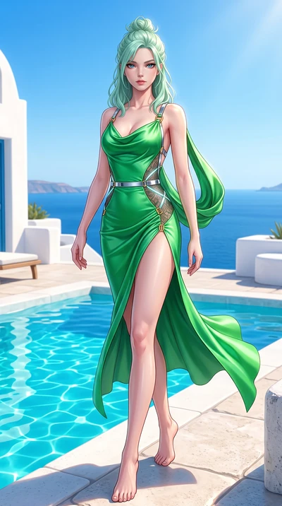 score_9, masterpiece, best quality, ultra-detailed, high-budget anime keyframe, semi-realistic 3D game render, editorial fashion photography, tasteful artistic composition, Japanese woman. low angle full-body shot from head to toe showing her feet, f