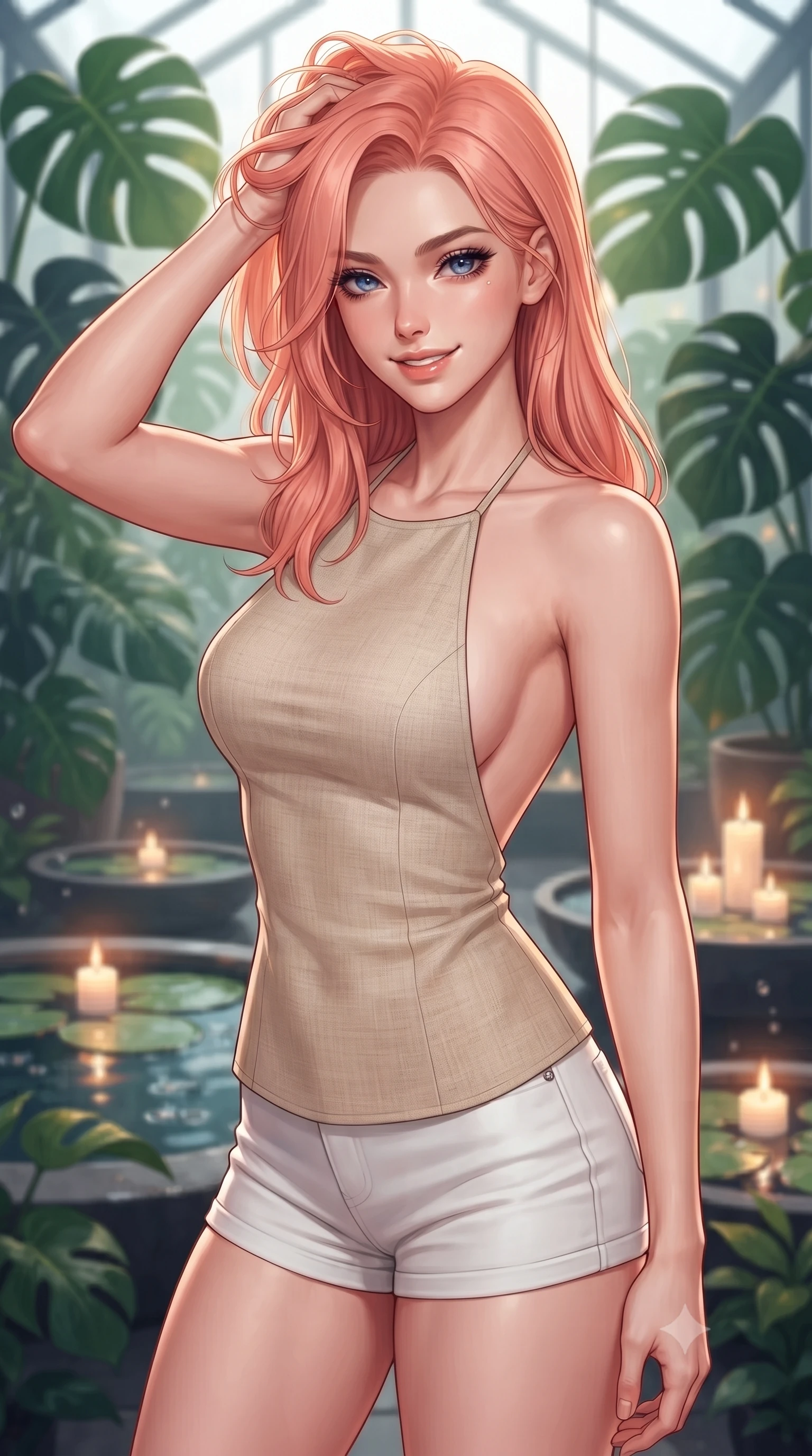 score_9, masterpiece, best quality, ultra-detailed, high-budget anime keyframe, editorial fashion photography, tasteful artistic composition, Japanese woman. close-up cowboy shot from the waist and thighs up, the character dominates the composition, filling the frame with her large presence, background elements kept in soft focus. smiling with quiet, magnetic self-assurance directly into the camera, running a hand through her hair the background shows a soft-focus a modern greenhouse loft surrounded by rare Monstera plants and floating candlelit ponds. She has an exceptionally elegant, slender, and willowy female figure with an ultra-slim waist, a gracefully sculpted slender torso, and a refined silhouette. sharp v-shaped jawline, high-bridge nose, intricate jewel-like eyes with depth, thick eyelashes, glossy lips with a natural sheen. wearing a slim-fit stylish linen halter top with an open-back design, paired with white micro-shorts. soft flickering candle glow refracting through water droplets. highly saturated vibrant anime colors, detailed shading with soft gradients, rich glossy textures, high-contrast stereoscopic depth, volumetric dynamic lighting, master piece, 9:16 ratio