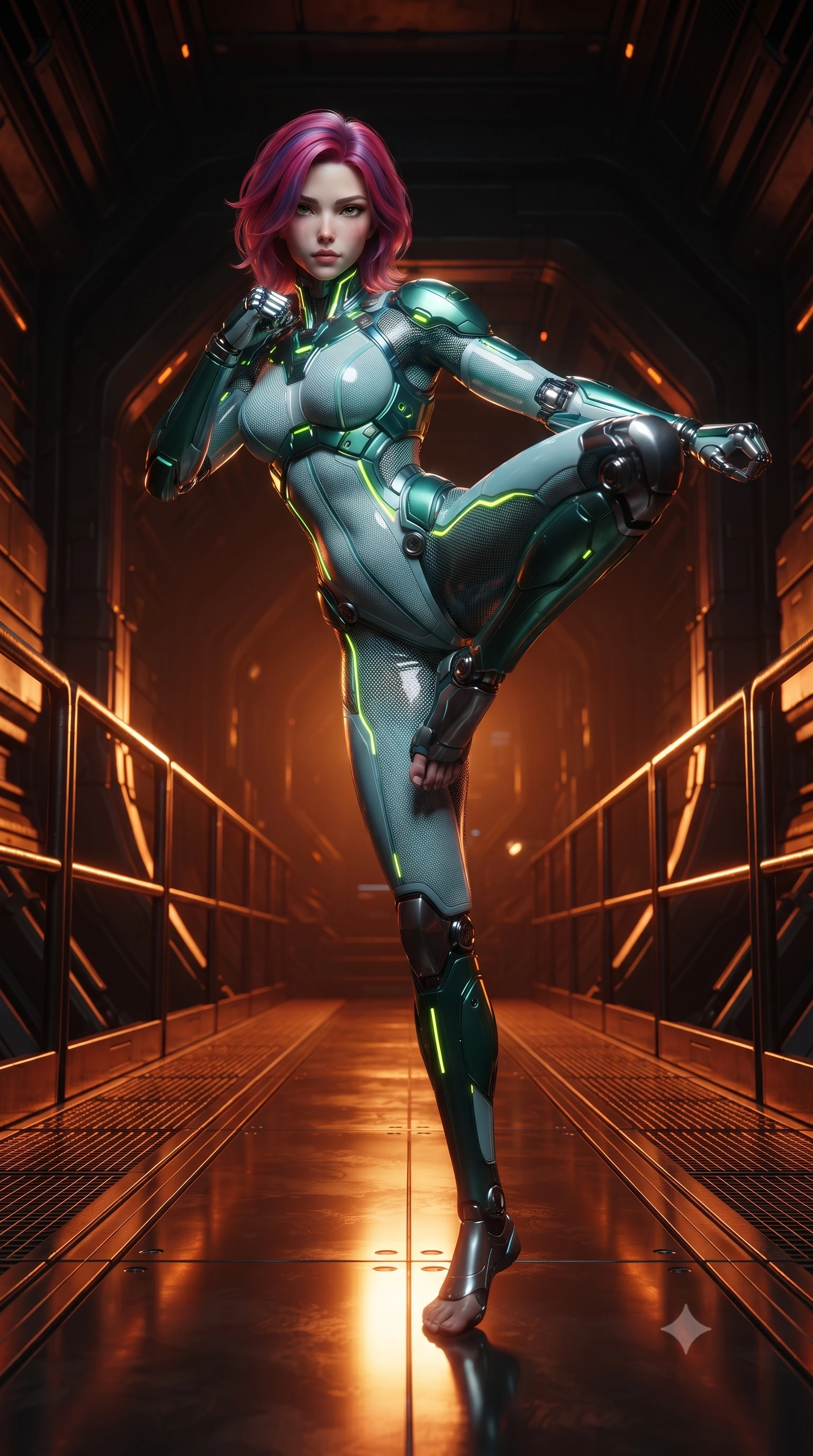 score_9, masterpiece, best quality, ultra-detailed, high-budget anime keyframe, editorial fashion photography, tasteful artistic composition, Caucasian woman. low angle full-body shot from head to toe showing her feet, filling the entire 9:16 vertical frame with her statuesque presence, stretching her vertical silhouette. pivoting dynamically in a high-speed low sweep kick along the reflective floor, her athletic torso and ultra-slim waist twisting in a fluid arc of power while striding commanding across the narrow catwalk with arms held in loose, deadly martial readiness. The surrounding environment is rendered in vivid detail and crisp panoramic clarity. sharp heat-resistant carbon armor plate seams, glowing amber joint LED channels, and iron grating in deep focus. She has an absolutely perfect, statuesque 8.5-heads proportion, an exceptionally tall and slender model-like female figure with impossibly long slender legs, a toned flat midriff, and an ultra-slim waist. sharp v-shaped jawline, high-bridge nose, intricate jewel-like eyes with depth, thick eyelashes, glossy lips with a natural sheen, flawlessly proportioned anatomical accuracy, strict slender model proportions, natural body alignment, perfectly sculpted long slender limbs, ultra-slim waistline, clean dynamic posture without body distortion. wearing an ultra-sleek glacial-cyan and white carbon-mesh combat bodysuit with frost-resistant kinetic shock-absorber plating in emerald green carbon composite with glowing lime laser channels, crafted from semi-translucent cybernetic carbon-vinyl interwoven with glowing micro-filaments, detailed with magnetic knuckle shock-absorbers and polished chrome articulation joints, the sleek second-skin cut tightly hugging her graceful clavicle, narrow waist, and feminine curves with athletic precision. bathed in blazing orange magma uplights and warm amber reactor ambient radiance. ultra-reflective glossy finish, specular highlights, dark metallic sheen, high-contrast stereoscopic depth, volumetric dynamic lighting, 2k, ultra detail, master piece, 9:16 ratio