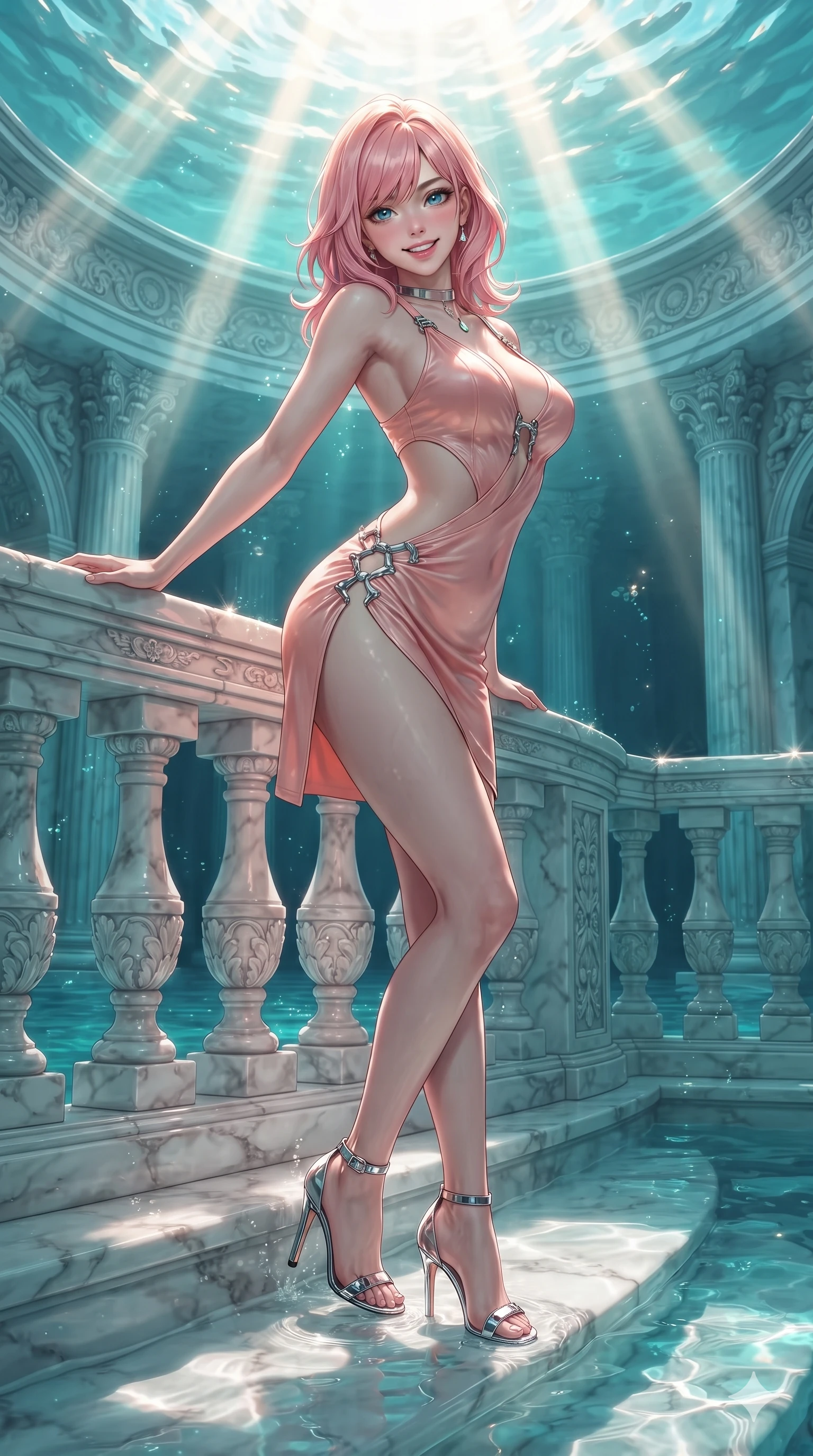 score_9, masterpiece, best quality, ultra-detailed, high-budget anime keyframe, editorial fashion photography, tasteful artistic composition, Japanese woman. low angle full-body shot from head to toe showing her feet, filling the entire 9:16 vertical frame with her statuesque presence, stretching her vertical silhouette. leaning deep against the balcony balustrade with hips cocked back in an unapologetically alluring high-fashion stance, casting an intoxicating glance while standing poised on the submerged white marble temple step as brilliant golden sunbeams penetrate the turquoise water cavern, arching her spine with sovereign supermodel poise. The surrounding environment is rendered in vivid detail and crisp panoramic clarity: detailed high-fashion silk tailoring, liquid drape, and grand sunken classical architecture in high resolution. She has an exceptionally tall and slender model-like 8.5-heads proportion, an ultra-slim waist, a flat toned midriff, narrow delicate ribcage, and beautifully sculpted feminine hips creating a graceful, slim hourglass silhouette without any bulky heaviness, with impossibly long slender legs. sharp v-shaped jawline, high-bridge nose, intricate jewel-like sparkling eyes with depth, thick eyelashes, glossy parted lips with a natural peach sheen, bright cheerful beaming smile with an enchanting and coquettish sensual glint, exuding both youthful cute charm and seductive allure, flawlessly proportioned anatomical accuracy, strict slender model proportions, natural body alignment, perfectly sculpted long slender limbs, ultra-slim waistline, clean dynamic posture without body distortion. wearing a provocative open-waist cutout mini dress framed by sculptural chrome hardware and thigh-high slit in Solaris liquid rose-quartz and alien peach, made of fluid liquid jersey with seamless sculpting hold and smooth contours, finished with a minimalist chrome choker and a single teardrop diamond pendant, the liquid-tight tailored fabric clinging flawlessly to her narrow waist and rounded feminine hips, emphasizing every millimeter of her sculpted slim hourglass curves without any bulky heaviness. bathed in blinding warm golden midday sunbeams slicing through cool turquoise water. ultra-reflective glossy finish, specular highlights, rich textural contrasts, high-contrast stereoscopic depth, volumetric dynamic lighting, 2k, ultra detail, master piece, 9:16 ratio