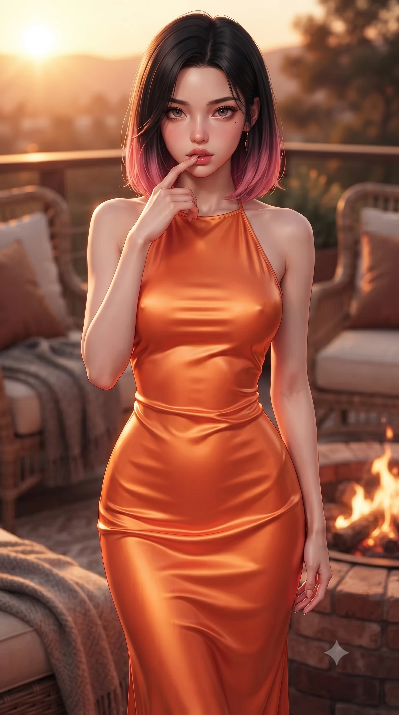score_9, masterpiece, best quality, ultra-detailed, high-budget anime keyframe, editorial fashion photography, tasteful artistic composition, Korean woman. close-up cowboy shot from the waist and thighs up, the character dominates the composition, filling the frame with her large presence, background elements kept in soft focus. pressing one finger to her bottom lip in a thoughtful, seductive gesture under the warm sun the background shows a soft-focus a cozy outdoor lounge area with rattan chairs, wool blankets, and a brick fire pit. She has an exceptionally elegant, slender, and willowy female figure with an ultra-slim waist, a gracefully sculpted slender torso, and a refined silhouette. sharp v-shaped jawline, high-bridge nose, intricate jewel-like eyes with depth, thick eyelashes, glossy lips with a natural sheen. wearing a form-contouring form-fitting liquid silk halter-neck maxi dress in sunset orange, draped elegantly to highlight her slender frame. the warm orange flicker of the campfire casting cozy, intimate shadows. ultra-reflective glossy finish, specular highlights, metallic sheen, high-contrast stereoscopic depth, volumetric dynamic lighting, 2k, ultra detail, master piece, 9:16 ratio
