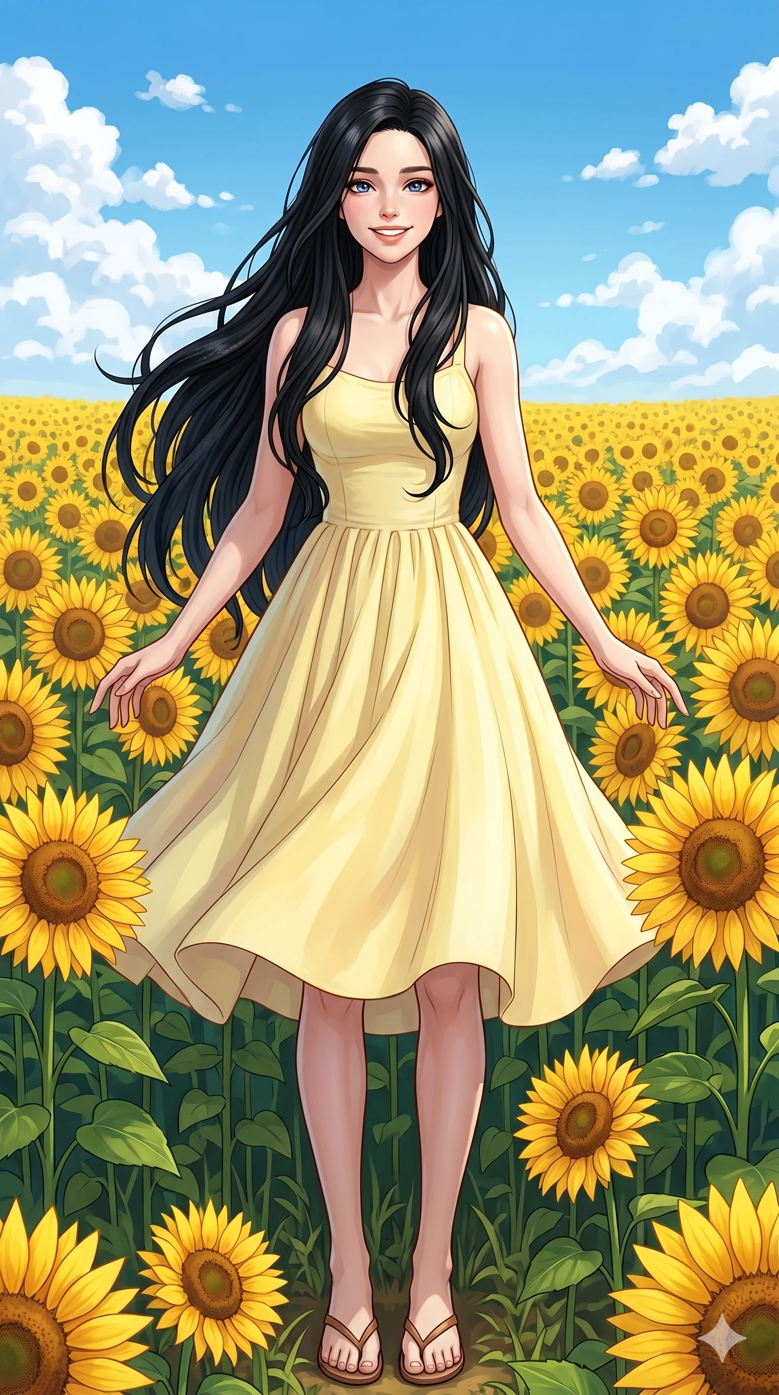 score_9, score_8_up, score_7_up, source_anime, masterpiece, best quality, ultra-detailed, same character with long flowing black hair, wearing a pastel yellow sundress and sandals, full body shot standing in a field of sunflowers, bright blue sky, puffy white clouds, cheerful and sunny mood, 2k, 9:16 ratio