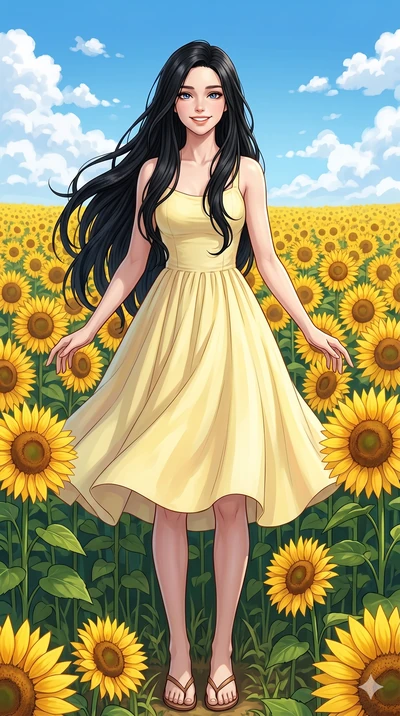 score_9, score_8_up, score_7_up, source_anime, masterpiece, best quality, ultra-detailed, same character with long flowing black hair, wearing a pastel yellow sundress and sandals, full body shot standing in a field of sunflowers, bright blue sky, pu
