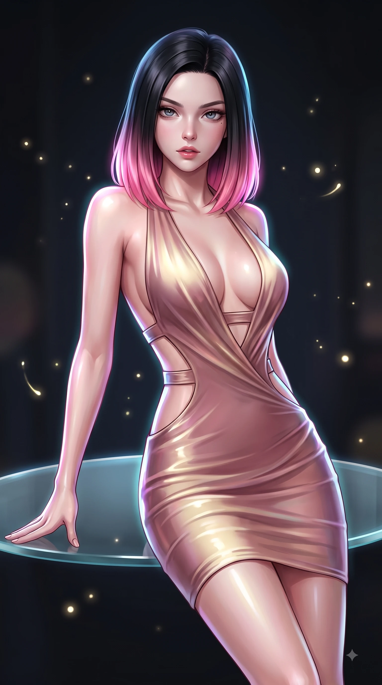 score_9, masterpiece, best quality, ultra-detailed, high-budget anime keyframe, editorial fashion photography, tasteful artistic composition, Korean woman. close-up cowboy shot from the waist and thighs up, the character dominates the composition, filling the frame with her large presence, background elements kept in soft focus. Leaning forward gracefully with lips parted, casting a smoldering magnetic gaze directly into the lens while pivoting her torso in an S-curve alignment on a floating glass disk inside a light matrix, glowing fiber optic motes drifting like fireflies in the dark background. She has an exceptionally elegant, slender, and willowy female figure with an ultra-slim waist, a gracefully sculpted slender torso, and a refined silhouette. sharp v-shaped jawline, high-bridge nose, intricate jewel-like eyes with depth, thick eyelashes, glossy lips with a natural sheen, flawlessly proportioned anatomical accuracy, natural body alignment, perfectly sculpted elegant limbs, clean dynamic posture without body distortion. wearing a deep-scoop halter bodycon dress with hip cutouts connected by silver rings in dusty rose and champagne gold, crafted from iridescent chiffon that shifts colors in the light, featuring clean architectural cutouts along her slender torso, the tailored fabric tightly following every curve of her athletic build. surrounded by a vibrant fluorescent aura with bright specular rim lights. ultra-reflective glossy finish, specular highlights, metallic sheen, high-contrast stereoscopic depth, volumetric dynamic lighting, 2k, ultra detail, master piece, 9:16 ratio