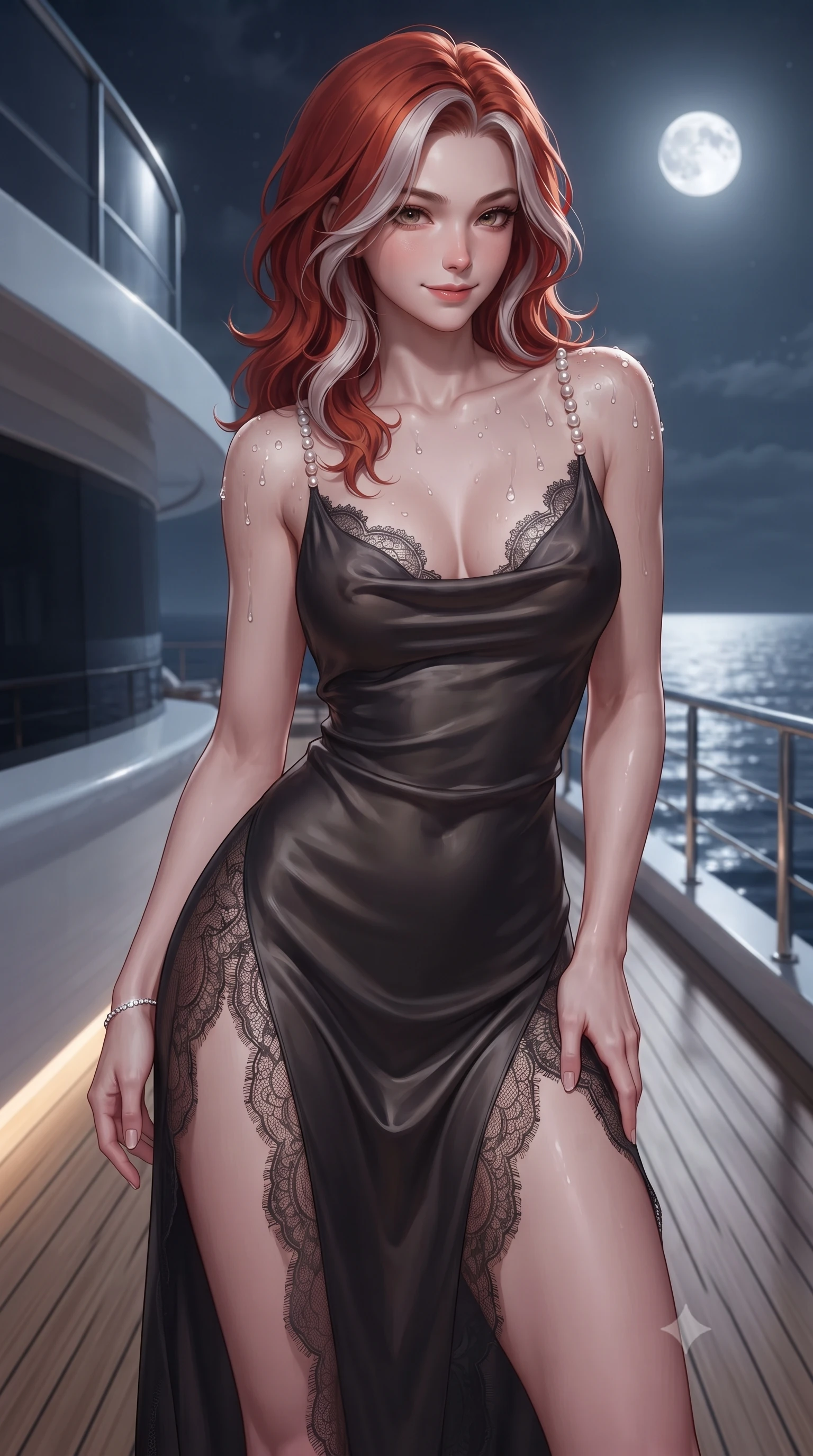 score_9, masterpiece, best quality, ultra-detailed, high-budget anime keyframe, editorial fashion photography, tasteful artistic composition, Caucasian woman. close-up cowboy shot from the waist and thighs up, the character dominates the composition, filling the frame with her large presence. tilting her head with a teasing half-smile, running one hand slowly down the side of her hip in a flirtatious S-curve as ambient light caresses her silhouette while twisting her slender torso in an alluring contrapposto stance, warm Mediterranean breezes molding her silk attire to her curvy hips and flat midriff. The surrounding environment is rendered in vivid detail and crisp panoramic clarity: detailed plunge-front silk satin romper cling, diamond anklet glint, and naval architecture engineering in high resolution. She has an exceptionally elegant, slender, and willowy female figure with an ultra-slim waist, flat toned midriff, narrow ribcage, and sculpted feminine hips creating an alluring, slim hourglass silhouette without bulk. sharp v-shaped jawline, high-bridge nose, sparkling eyes with hypnotic seductive depth, thick curled eyelashes, glossy parted lips with a natural dewy peach sheen, alluring bedroom-eyes with an enchanting coquettish smile, exuding magnetic siren charisma and sophisticated glamour, flawlessly proportioned anatomical accuracy, strict slender model proportions, natural body alignment, perfectly sculpted long slender limbs, ultra-slim waistline, clean dynamic posture without body distortion. wearing a plunging cowl-neck liquid silk satin sarong slip dress with daring hip-high double slits and pearl shoulder straps in Ayung volcanic charcoal and molten bronze, made of delicate semi-sheer French Chantilly lace with intricate eyelash edges, finished with glistening drops of hot spring or lagoon water beading across her sculpted shoulders and collarbones, the form-contouring silhouette accentuating her sculpted flat midriff, narrow delicate ribcage, and gracefully curvy hips with intoxicating allure. bathed in subtle warm teak deck courtesy LEDs combined with pure silver full moonlight reflecting off open water. ultra-reflective glossy finish, specular highlights, rich textural contrasts, high-contrast stereoscopic depth, volumetric dynamic lighting, 2k, ultra detail, master piece, 9:16 ratio