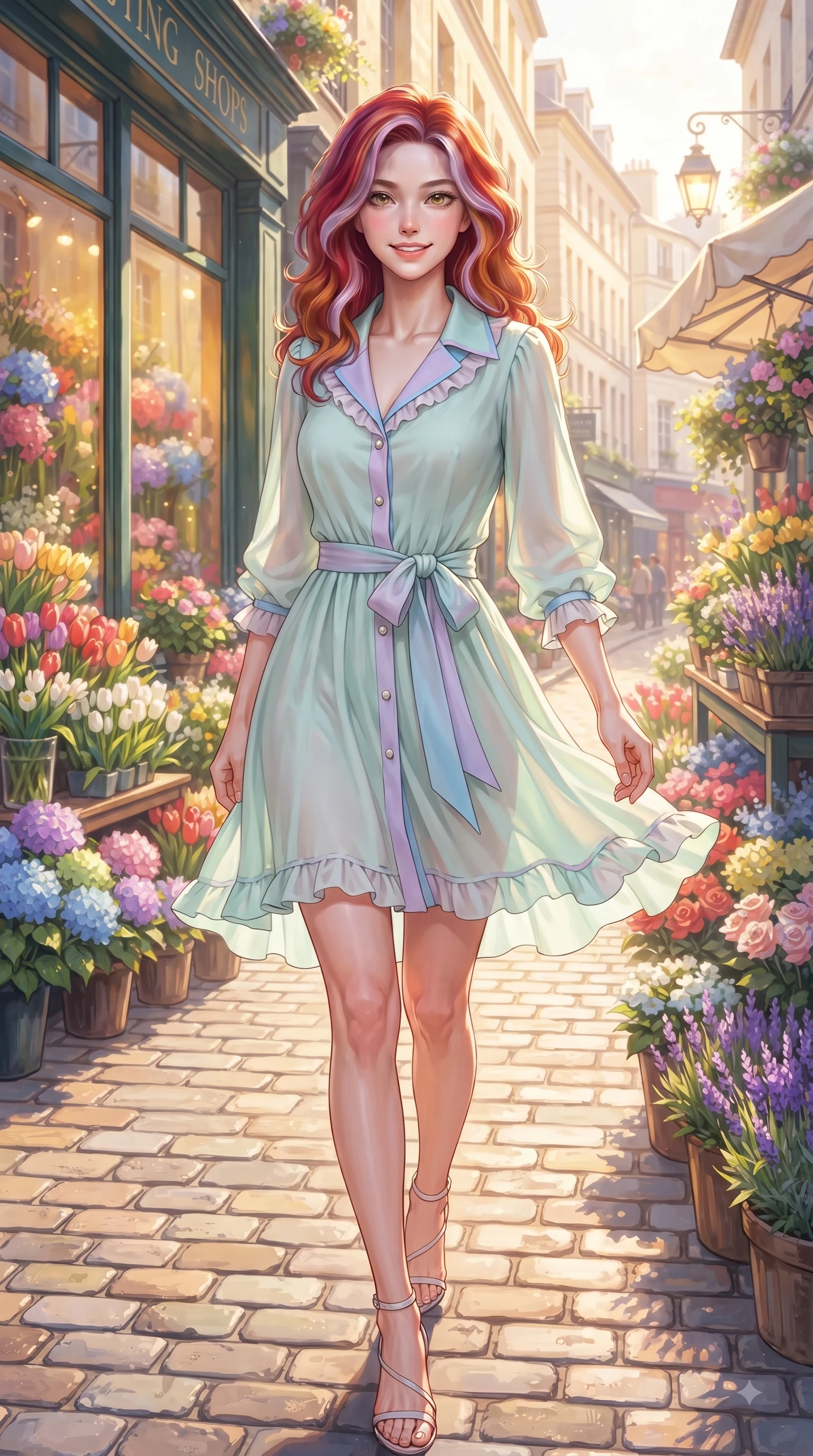 score_9, masterpiece, best quality, ultra-detailed, high-budget anime keyframe, editorial fashion photography, tasteful artistic composition, Caucasian woman. close-up cowboy shot from the waist and thighs up, the character dominates the composition, filling the frame with her large presence. Gazing directly into the camera with a fresh, infectious smile as her torso curves dynamically in mid-stride while walking dynamically down a cobblestone European-style street lined with blooming spring flower shops. The surrounding environment is rendered in vivid detail and crisp panoramic clarity. colorful storefront windows reflecting bright spring sunlight with rich environmental clarity. She has an exceptionally elegant, slender, and willowy female figure with an ultra-slim waist, a gracefully sculpted slender torso, and a refined silhouette. sharp v-shaped jawline, high-bridge nose, intricate jewel-like eyes with depth, thick eyelashes, glossy lips with a natural sheen, flawlessly proportioned anatomical accuracy, natural body alignment, perfectly sculpted elegant limbs, clean dynamic posture without body distortion. wearing a stylish pastel mint trench dress with a tied belt waist and folded collar in soft pastel lavender and sky blue, made of fine lightweight chiffon that flutters gently in the breeze, finished with subtle ruffle trims and delicate pearl buttons, the breezy lightweight fabric fluttering softly against her delicate frame. bathed in brilliant morning sunshine and warm pastel flower shop ambient glow. ultra-reflective glossy finish, specular highlights, metallic sheen, high-contrast stereoscopic depth, volumetric dynamic lighting, 2k, ultra detail, master piece, 9:16 ratio