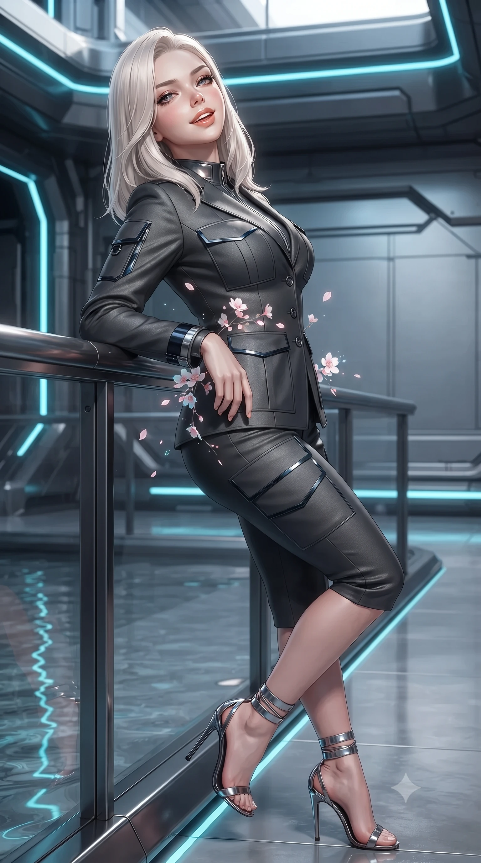 score_9, masterpiece, best quality, ultra-detailed, high-budget anime keyframe, editorial fashion photography, tasteful artistic composition, Caucasian woman. close-up cowboy shot from the waist and thighs up, the character dominates the composition, filling the frame with her large presence. leaning back against the balustrade with relaxed seductive grace, head tilted back slightly while casting a hypnotic, heavy-lidded gaze while twisting her slender torso in an alluring contrapposto stance beside the shallow reflecting pool, holographic cherry blossoms caressing her narrow waist and curvy hips. The surrounding environment is rendered in vivid detail and crisp panoramic clarity: detailed garment seam lines, metallic cyber-trim, and advanced aerospace architecture in razor-sharp precision. She has an exceptionally elegant, slender, and willowy female figure with an ultra-slim waist, flat toned midriff, narrow ribcage, and sculpted feminine hips creating an alluring, slim hourglass silhouette without bulk. sharp v-shaped jawline, high-bridge nose, intricate jewel-like sparkling eyes with depth, thick eyelashes, glossy parted lips with a natural peach sheen, bright cheerful beaming smile with an enchanting and coquettish sensual glint, exuding both youthful cute charm and seductive allure, flawlessly proportioned anatomical accuracy, strict slender model proportions, natural body alignment, perfectly sculpted long slender limbs, ultra-slim waistline, clean dynamic posture without body distortion. wearing a tailored high-tech safari suit with storm flaps and streamlined utility pockets in matte carbon finish in liquid mercury chrome and deep midnight obsidian, tailored from high-density tech-wool with subtle metallic thread weave, complemented by strappy stiletto sandals with metallic ankle wraps accentuating her slender calves, the bespoke structured tailoring following the natural line of her 8.5-heads silhouette with refined elegance. illuminated by floor pool reflection bounce and sharp laser-cyan rim lights sculpting her razor-sharp jawline, narrow waist, and curvy hips. ultra-reflective glossy finish, specular highlights, rich textural contrasts, high-contrast stereoscopic depth, volumetric dynamic lighting, 2k, ultra detail, master piece, 9:16 ratio