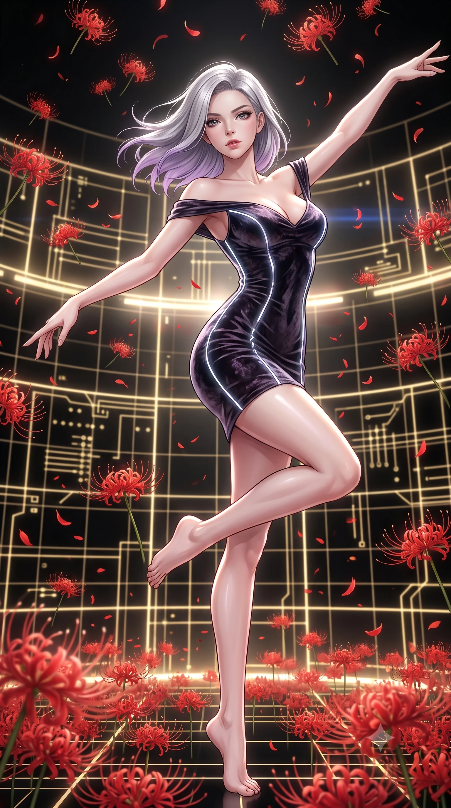 score_9, masterpiece, best quality, ultra-detailed, High-budget Anime Keyframe, Caucasian woman, strictly human ears. Low angle cowboy shot filling the entire 9:16 frame with her statuesque presence. Scenario 263: dancing amidst falling red spider lilies inside a digital arena where gold gridlines project onto the black walls. Her presence is magnetic and overpowering in this high-budget anime scene. Outfit 263: a tailored crushed dark velvet sheer with a low-cut shoulder and glowing LED seams. The clothing is designed to emphasize her exceptionally tall and slender 8-heads proportion. 8-heads proportion, towering silhouette, ultra-slim waist. sharp v-shaped jawline, intricate jewel-like eyes with depth, thick eyelashes, glossy lips. 2k, ultra detail, master piece, 9:16 ratio