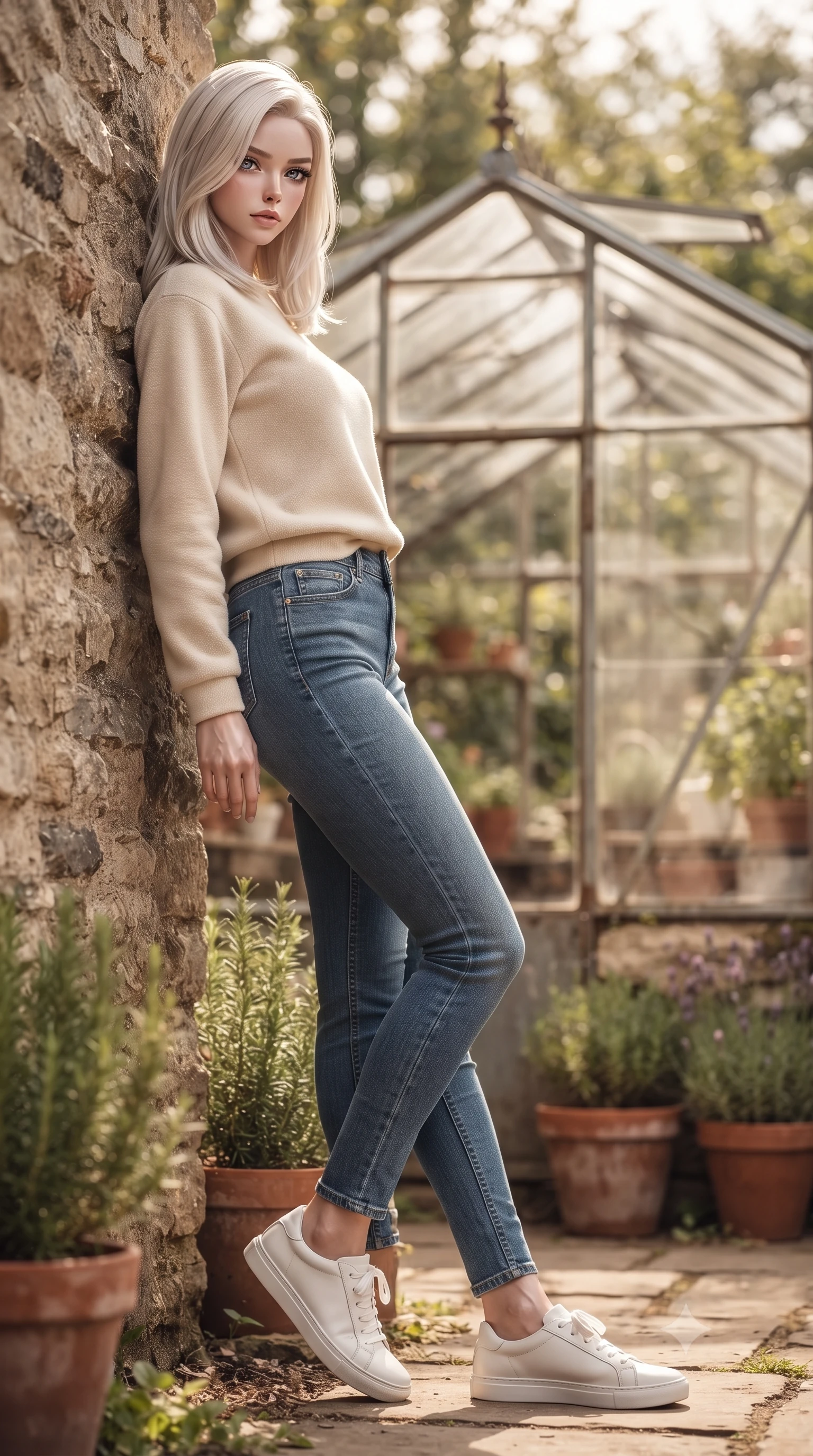 score_9, masterpiece, best quality, ultra-detailed, high-budget anime keyframe, editorial fashion photography, tasteful artistic composition, Caucasian woman. low angle full-body shot from head to toe showing her feet, filling the entire 9:16 vertical frame with her statuesque presence, stretching her vertical silhouette. leaning back against a rustic stone wall, casting a slow, alluring gaze at the camera the background shows a soft-focus a cozy cottage greenhouse, surrounded by terracotta pots, rosemary, and lavender. She has an absolutely perfect, statuesque 8.5-heads proportion, an exceptionally tall and slender model-like female figure with impossibly long slender legs and an ultra-slim waist. sharp v-shaped jawline, high-bridge nose, intricate jewel-like eyes with depth, thick eyelashes, glossy lips with a natural sheen. wearing a tailored comfortable cream fleece sweater over blue denim jeans. warm, diffused daylight creating a quiet and productive mood. ultra-reflective glossy finish, specular highlights, metallic sheen, high-contrast stereoscopic depth, volumetric dynamic lighting, 2k, ultra detail, master piece, 9:16 ratio